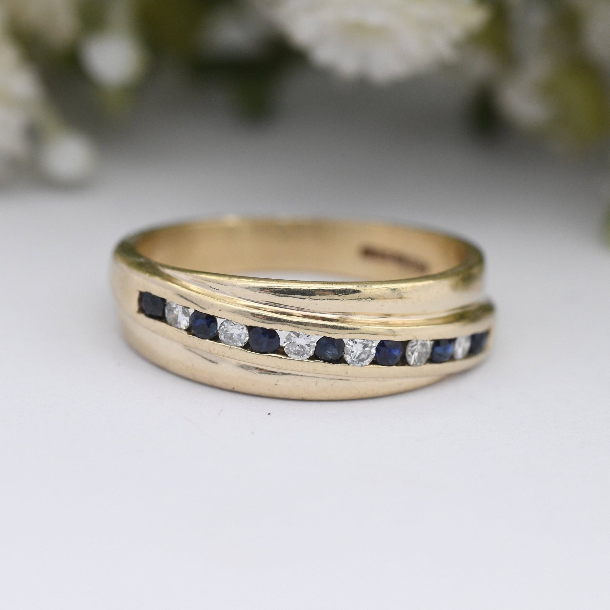 Vintage 9ct Gold Sapphire and Clear Stone Half Eternity Twist Ring - Engagement Wedding Band | UK Size - M 1/2 | US Size - 6 1/2