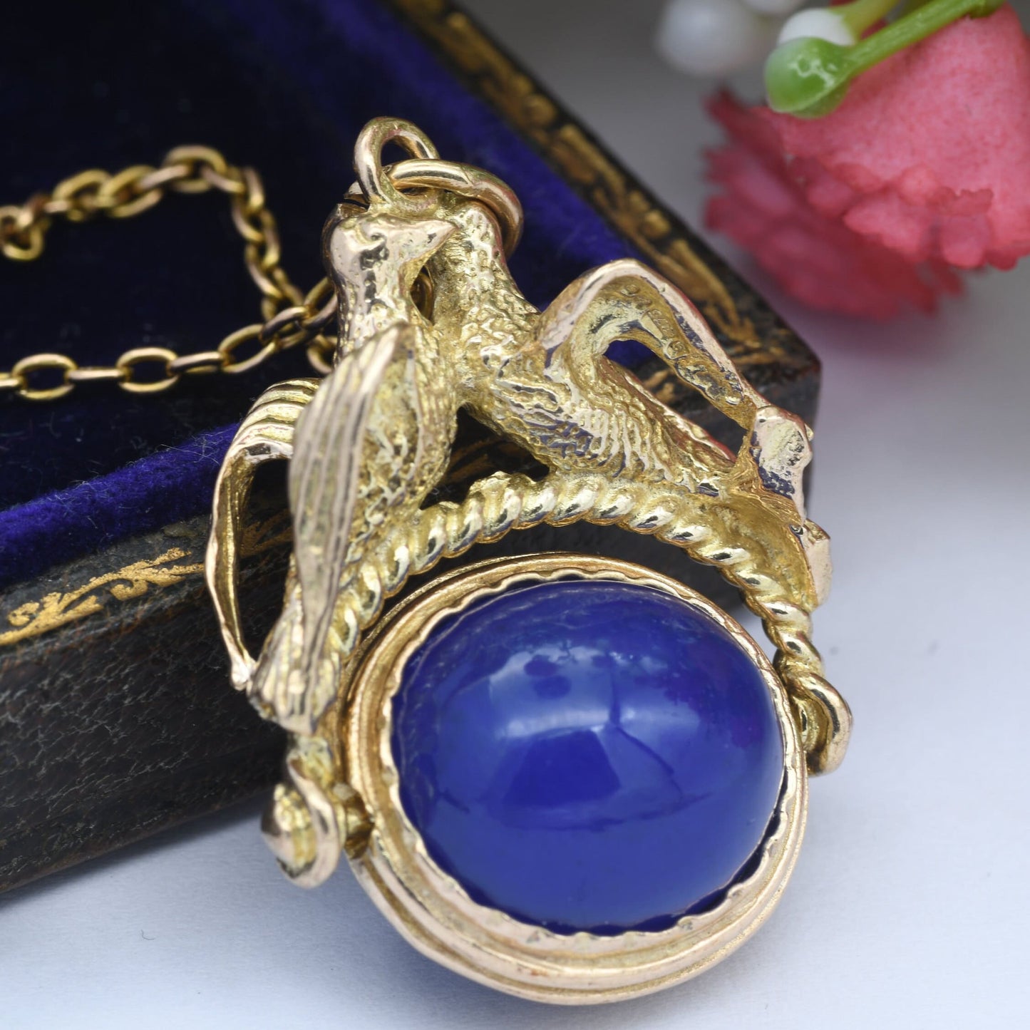 Vintage 9ct Gold Love Birds Chalcedony Spinner Fob 1965 - Ornate Animal Watch Fob Pendant | Antique Style