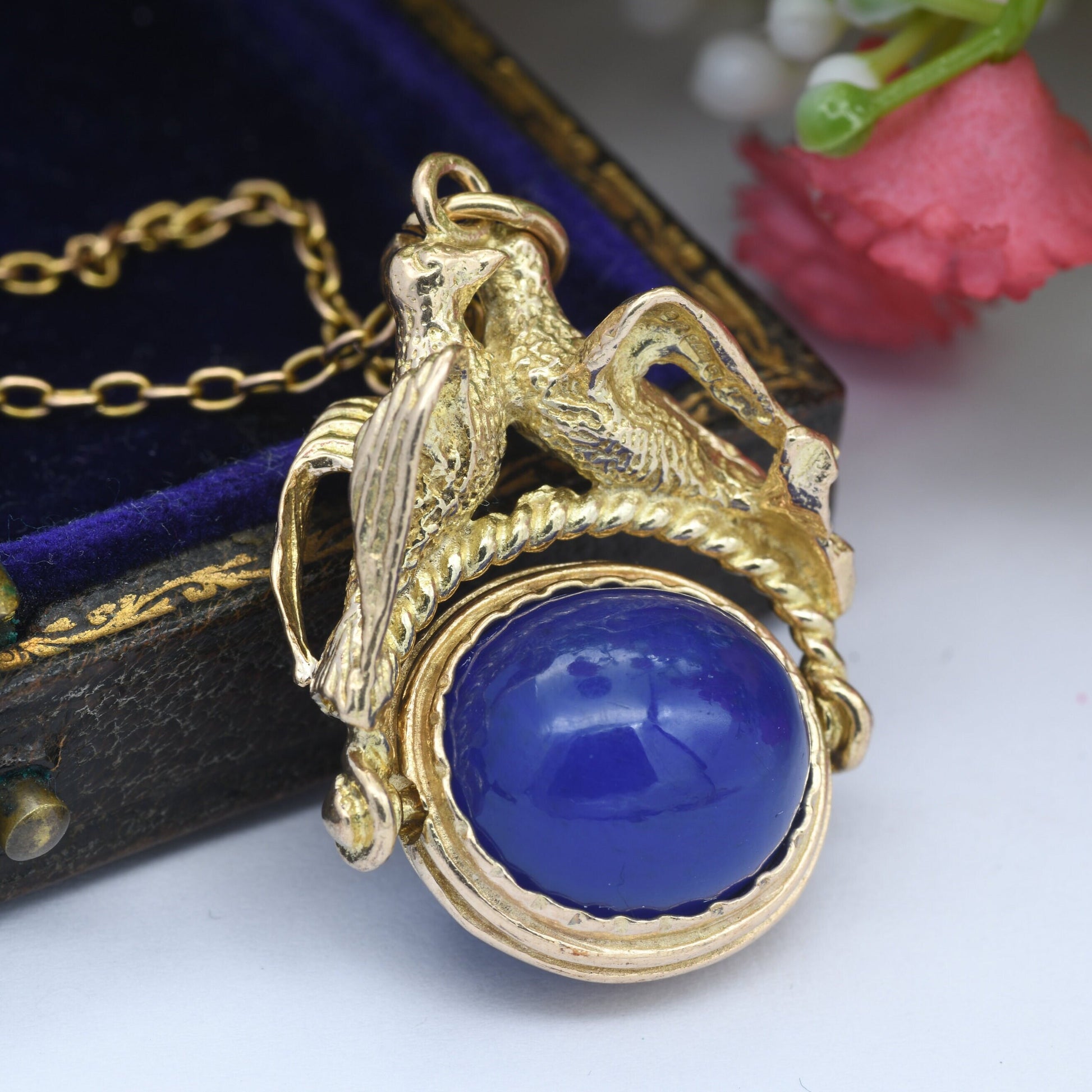 Vintage 9ct Gold Love Birds Chalcedony Spinner Fob 1965 - Ornate Animal Watch Fob Pendant | Antique Style