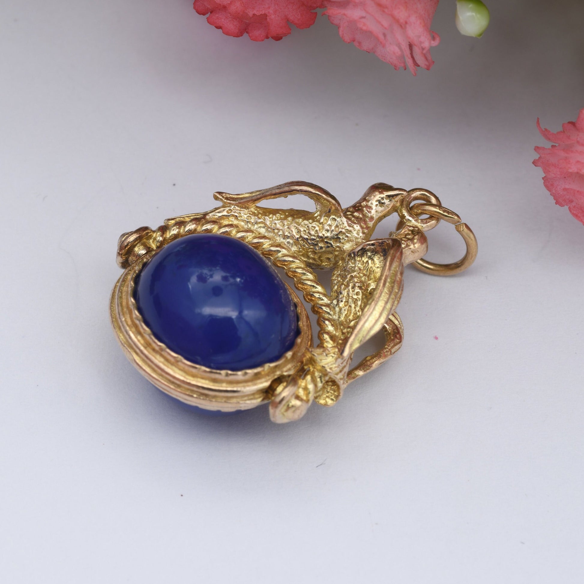 Vintage 9ct Gold Love Birds Chalcedony Spinner Fob 1965 - Ornate Animal Watch Fob Pendant | Antique Style