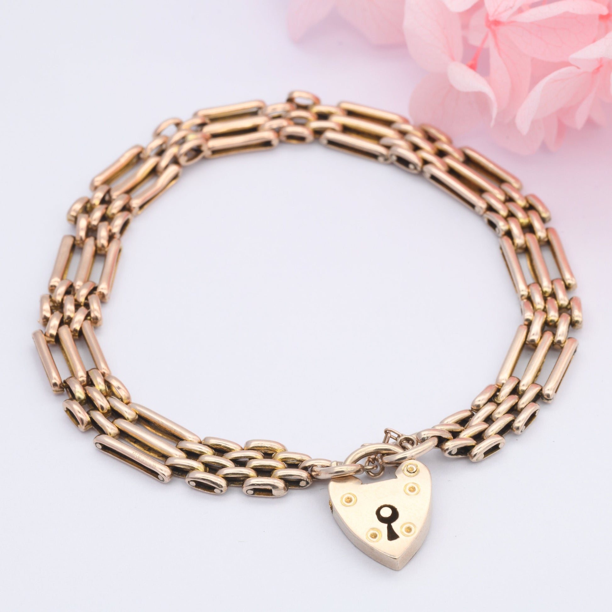 Vintage 9ct Gold Heart Padlock Clasp Gate Link Chain Bracelet with Safety Chain