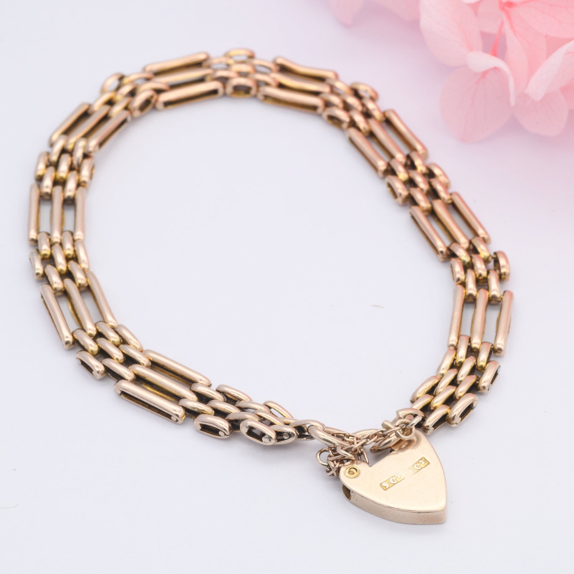Vintage 9ct Gold Heart Padlock Clasp Gate Link Chain Bracelet with Safety Chain