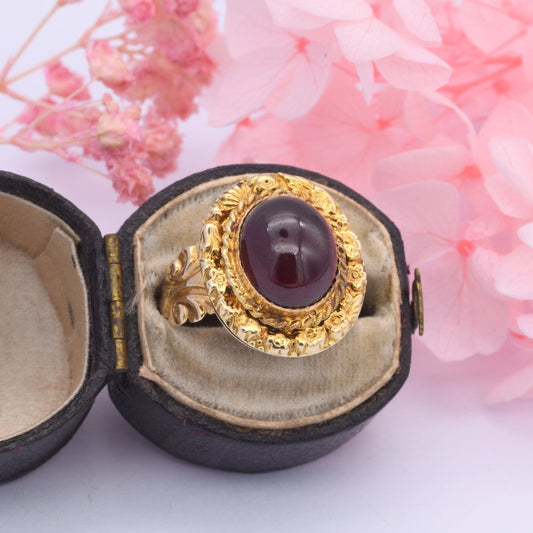 Vintage 9ct Gold Victorian Revival Ring 1973 by CPS - Ornate Statement Piece | Unusual Cabochon Red Stone | UK Size - P 1/2 | US Size - 8