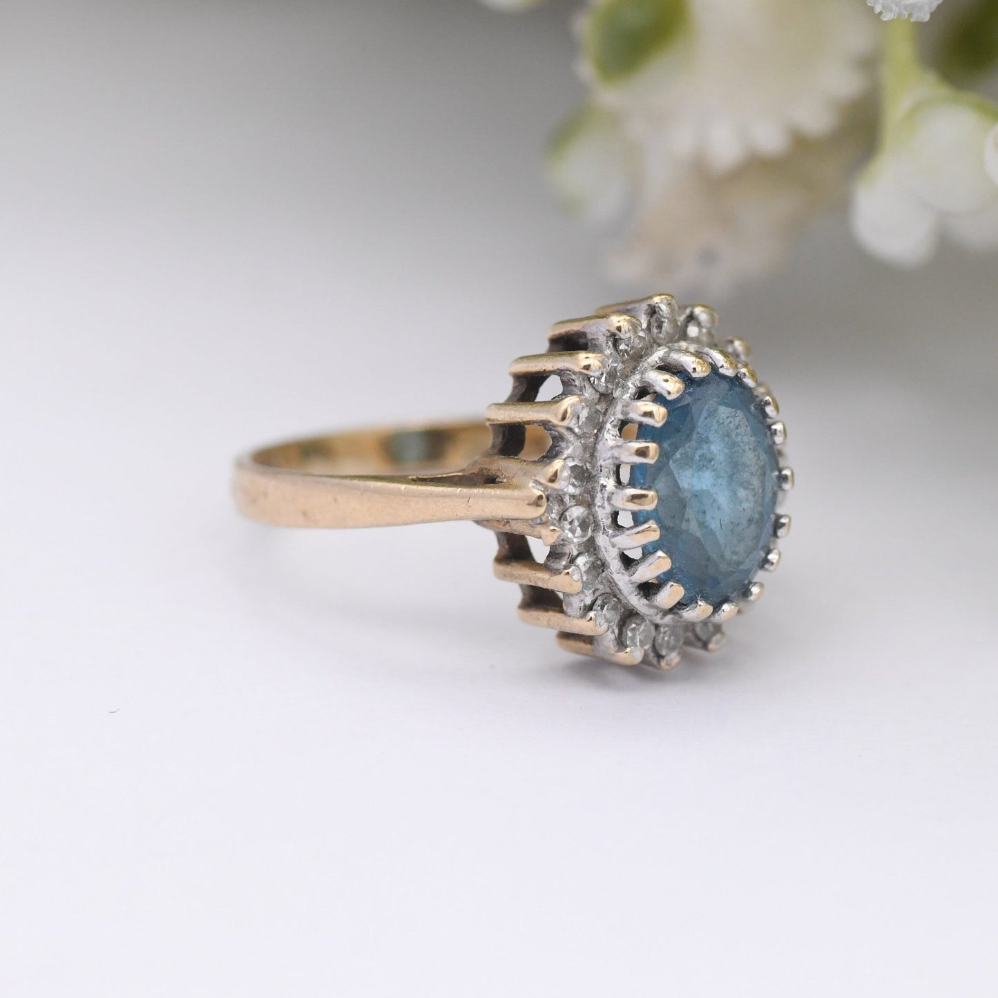 Vintage 9ct Gold Diamond and Blue Stone Cluster Ring 1987 - Small Size Cocktail Statement Ring | UK Size - F 1/2 | US Size - 3