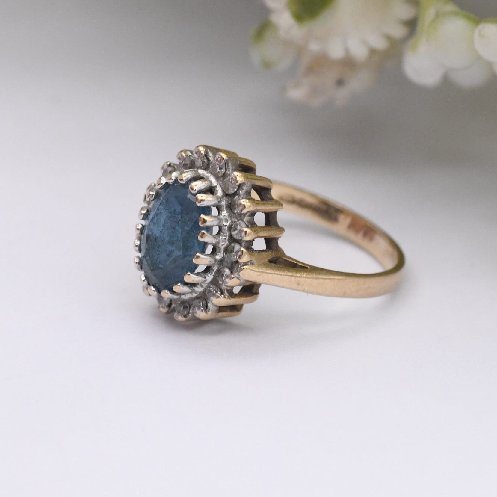 Vintage 9ct Gold Diamond and Blue Stone Cluster Ring 1987 - Small Size Cocktail Statement Ring | UK Size - F 1/2 | US Size - 3