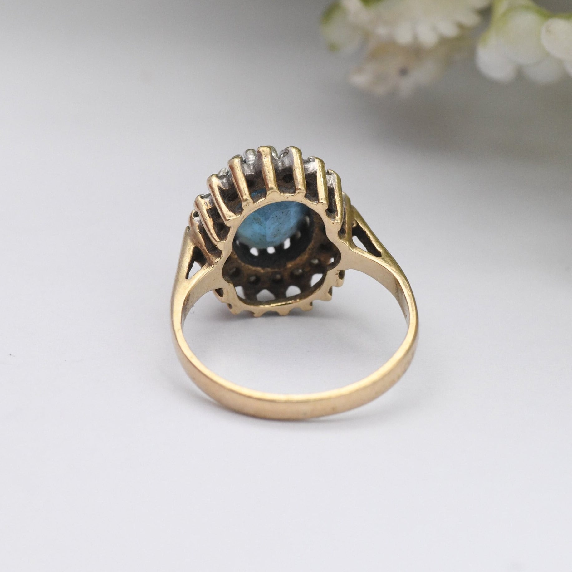 Vintage 9ct Gold Diamond and Blue Stone Cluster Ring 1987 - Small Size Cocktail Statement Ring | UK Size - F 1/2 | US Size - 3