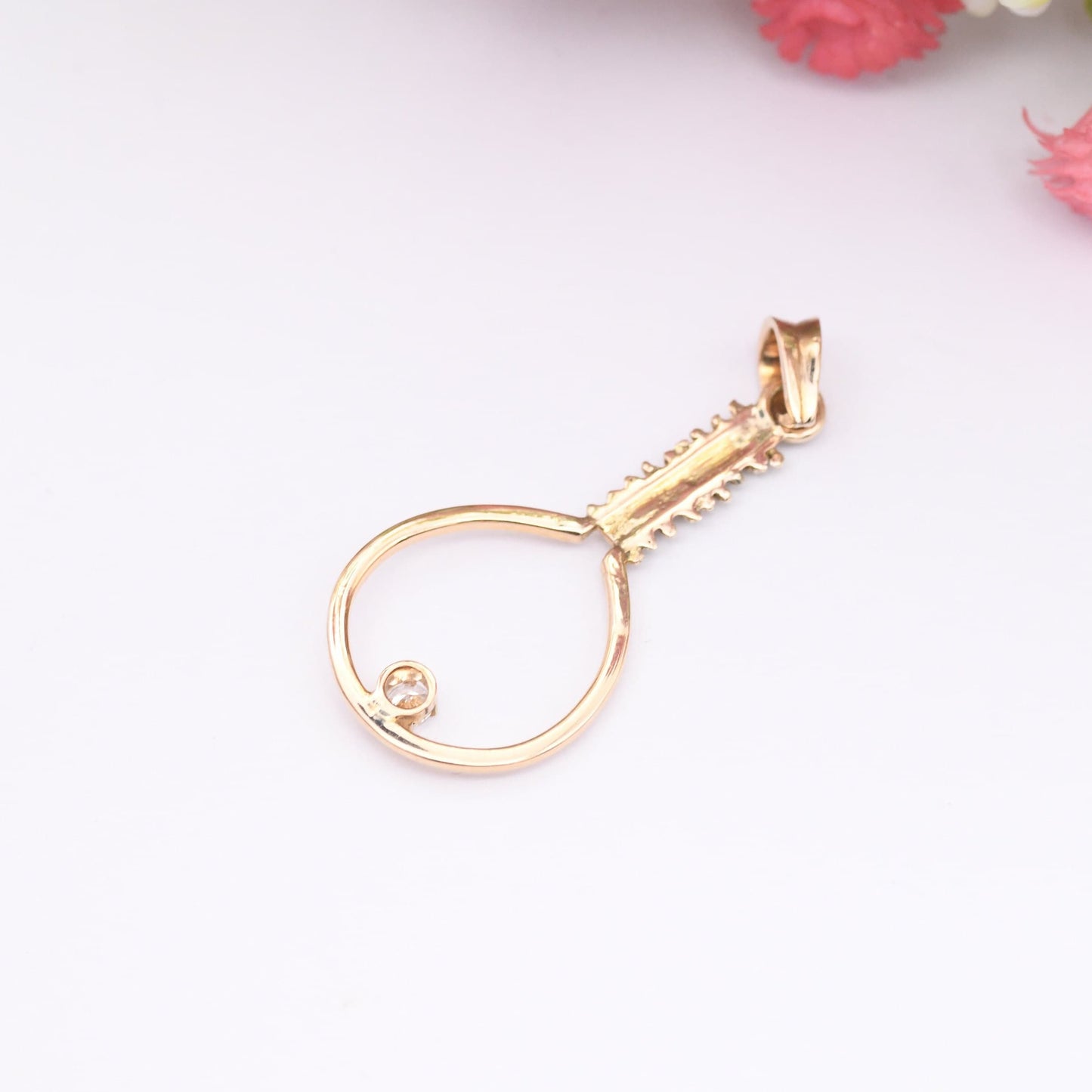 Vintage 9ct Gold Tennis Racket Pendant with Sparkly Clear Stone - Novelty Gold Sports Jewellery Gift