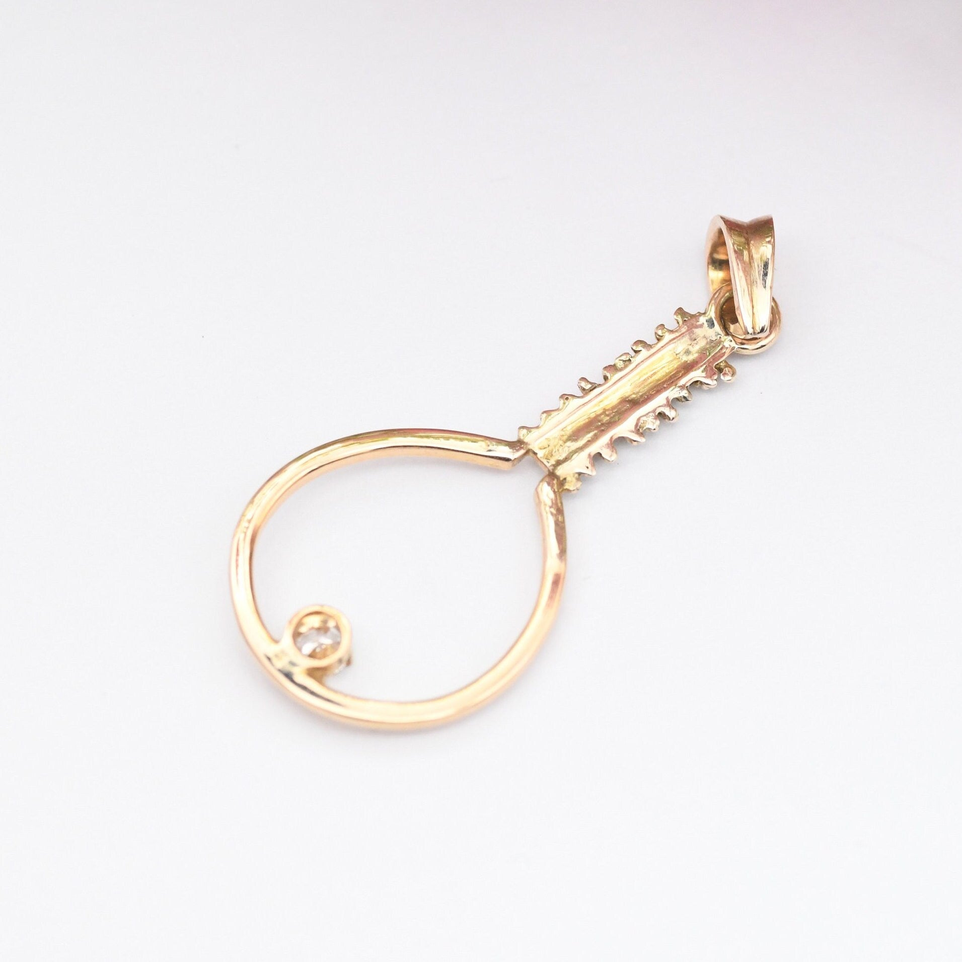 Vintage 9ct Gold Tennis Racket Pendant with Sparkly Clear Stone - Novelty Gold Sports Jewellery Gift