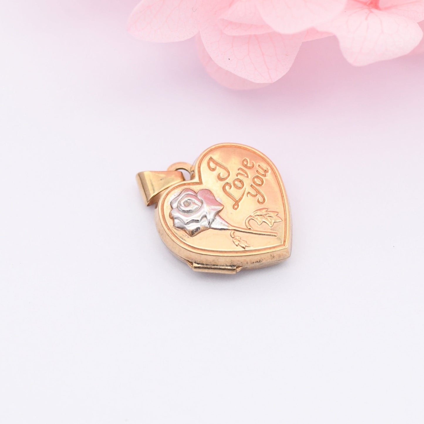 9ct Gold Heart Locket Pendant with White Gold Rose I Love You Design - Small Two Picture Locket | Photo Frame | Front Engraved