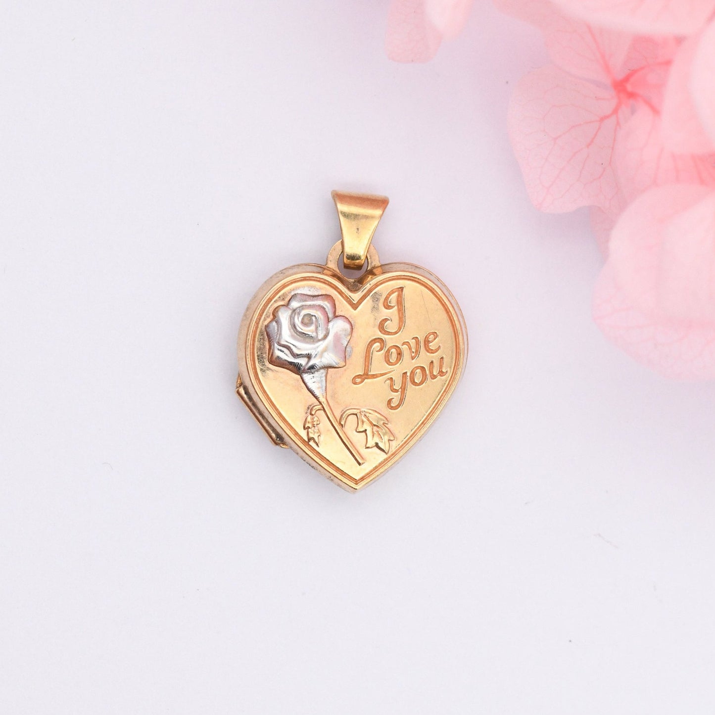 9ct Gold Heart Locket Pendant with White Gold Rose I Love You Design - Small Two Picture Locket | Photo Frame | Front Engraved