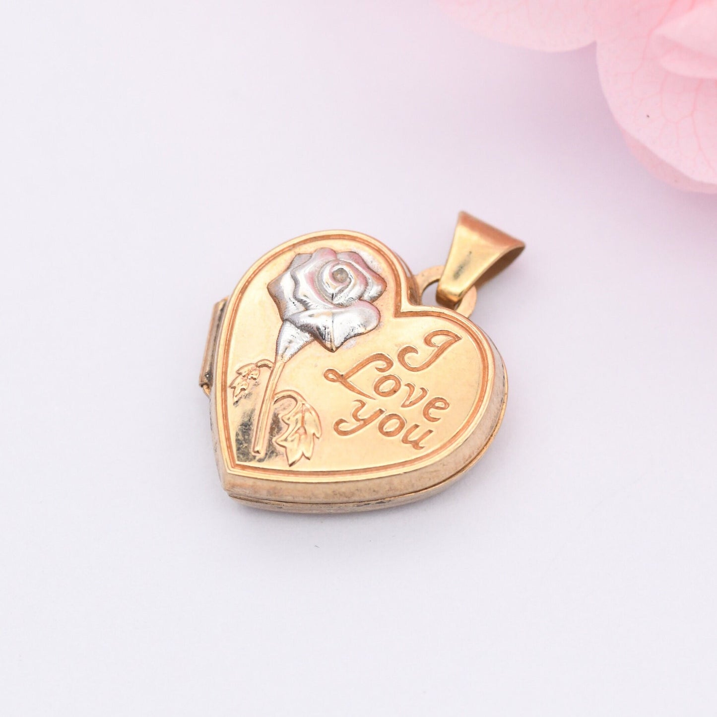 9ct Gold Heart Locket Pendant with White Gold Rose I Love You Design - Small Two Picture Locket | Photo Frame | Front Engraved