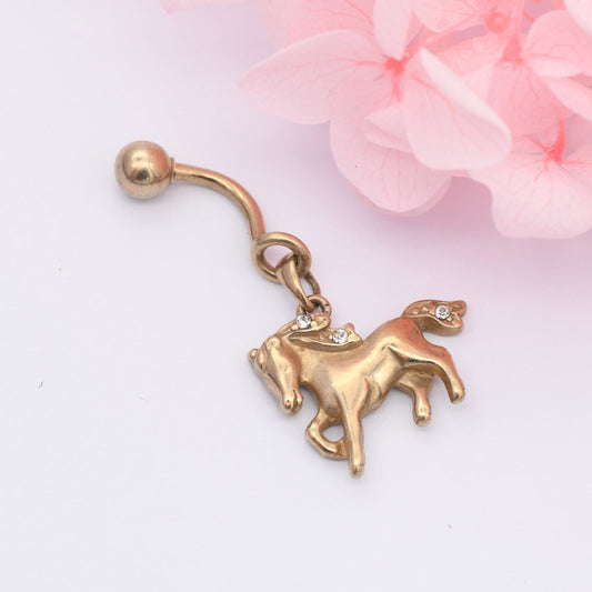 Vintage 9ct Gold Horse Belly Bar with Sparkly Diamante - Belly Button Piercing Jewellery | Hallmarked Solid Gold