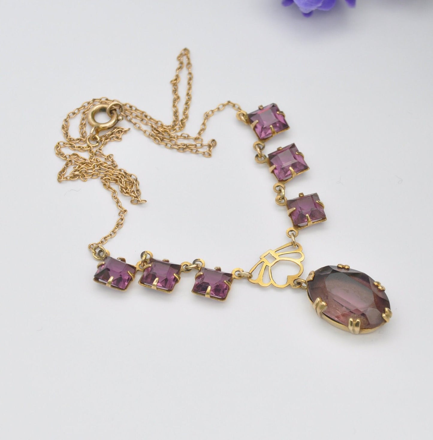 Antique 9ct Gold Necklace with Faceted Amethyst Gemstones - Delicate Early 20th Century Fine Jewellery