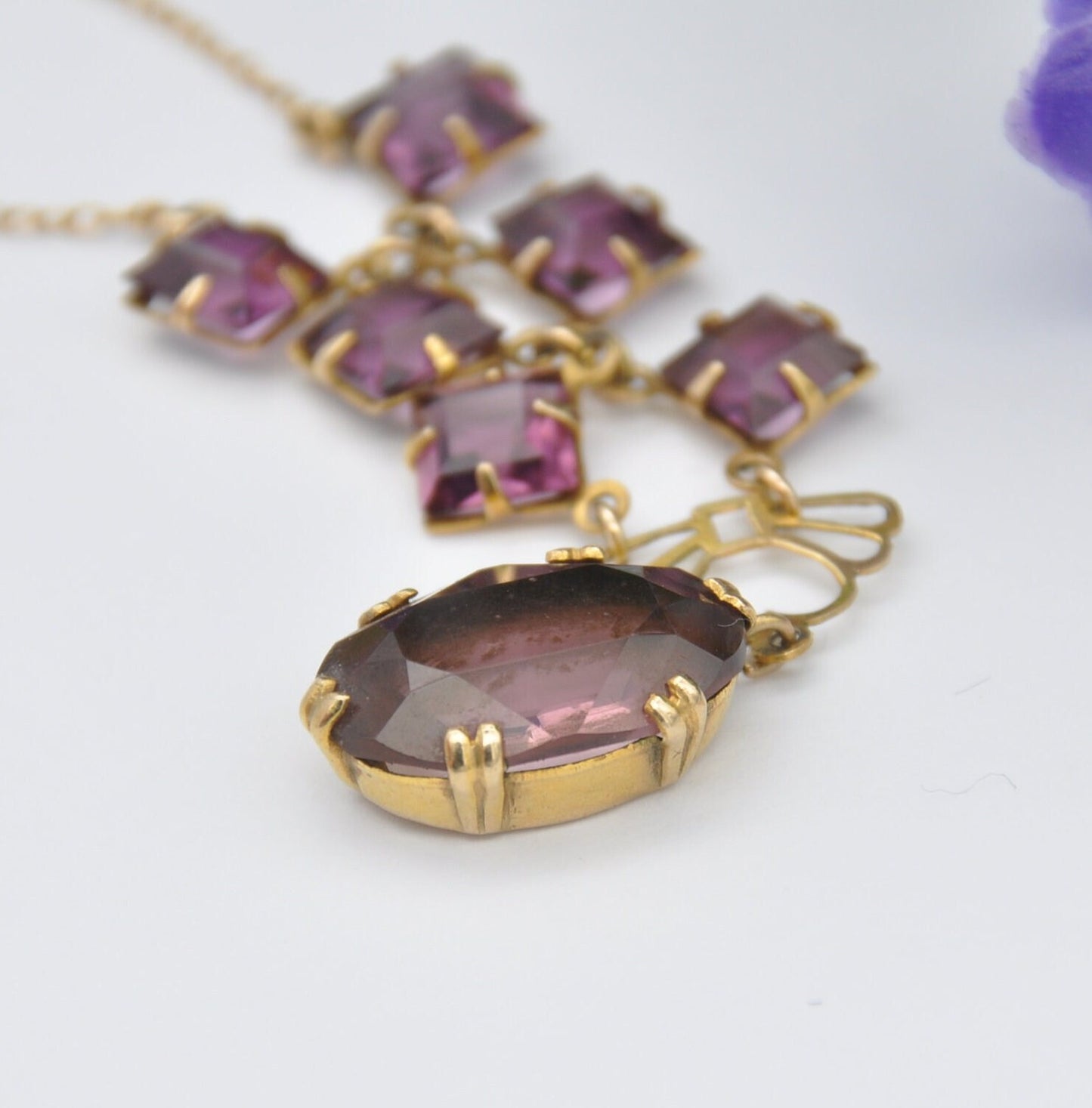 Antique 9ct Gold Necklace with Faceted Amethyst Gemstones - Delicate Early 20th Century Fine Jewellery