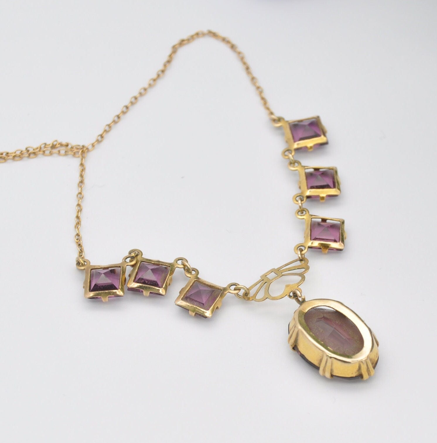 Antique 9ct Gold Necklace with Faceted Amethyst Gemstones - Delicate Early 20th Century Fine Jewellery