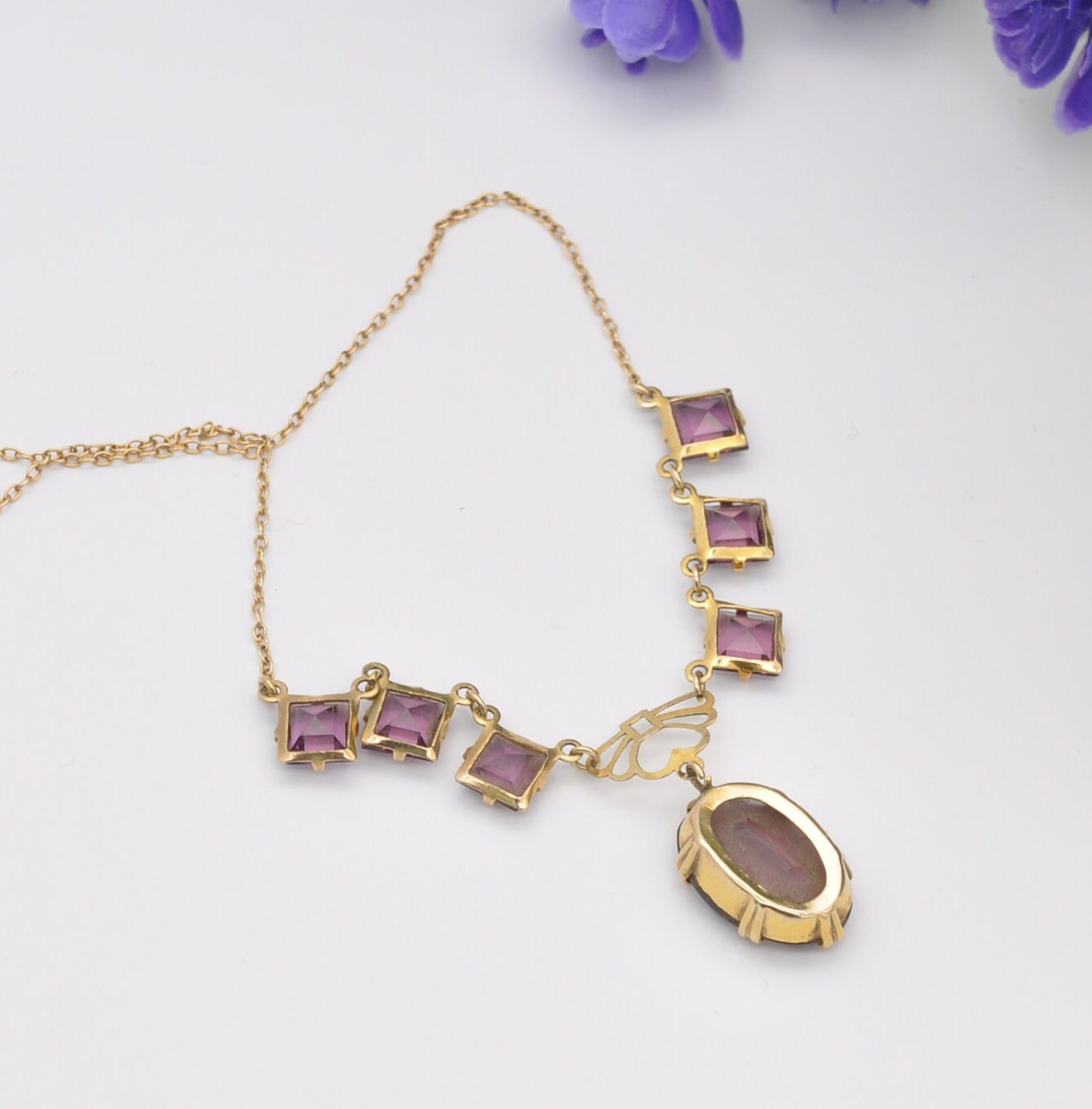 Antique 9ct Gold Necklace with Faceted Amethyst Gemstones - Delicate Early 20th Century Fine Jewellery