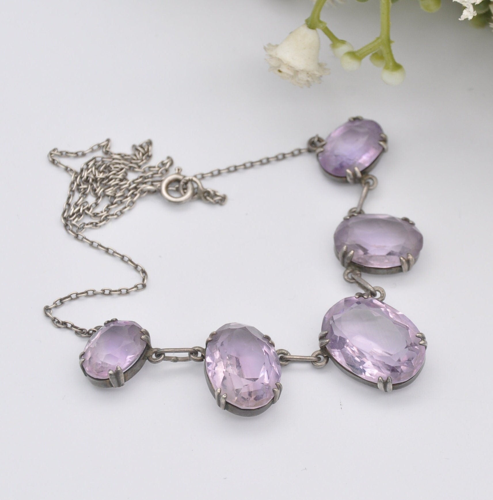 Antique Edwardian Sterling Silver Amethyst Necklace with Graduated Faceted Stones - Length 15" 39cm