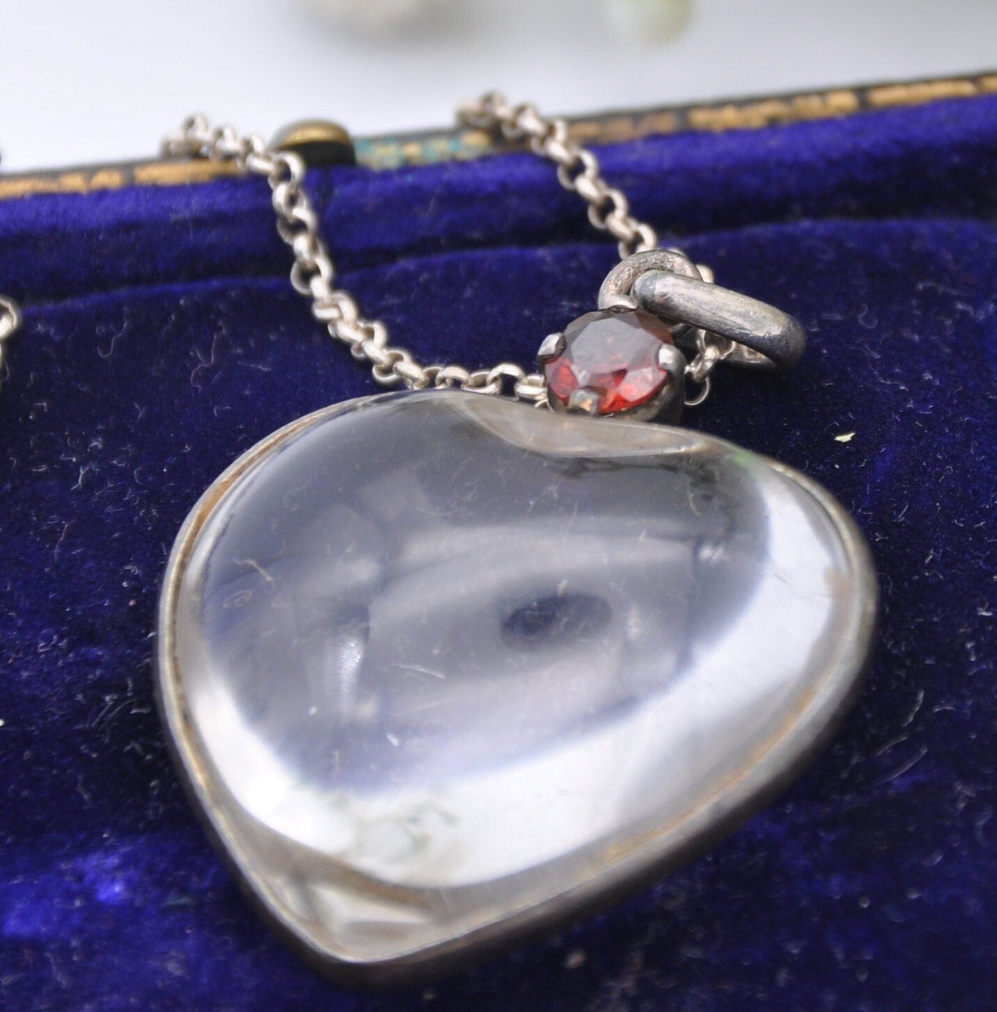 Vintage Rock Crystal Garnet Heart Pendant Necklace in Sterling Silver Mount with Chain