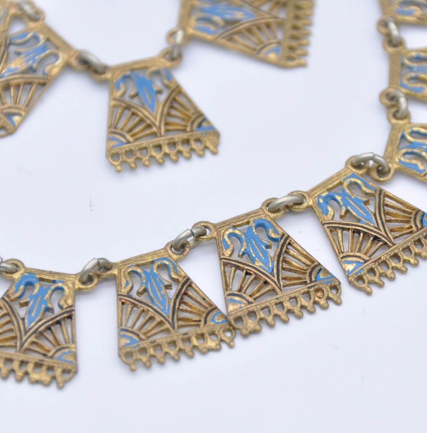 Vintage Art Deco Egyptian Revival Collar Necklace with Ornate Enamel Panels - Short Brass Full Fringe Choker | 36.5cm 14"