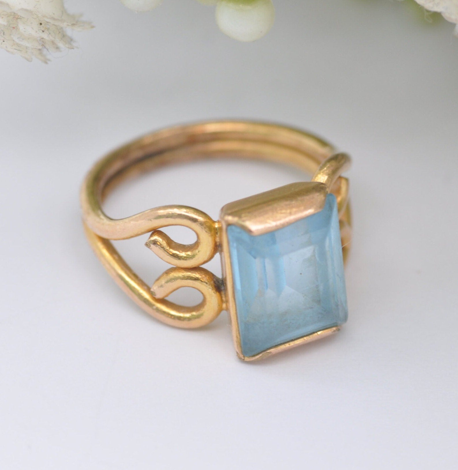 Vintage Rolled Gold Ring with Blue Paste Stone - Scrolling Heart Shoulders | UK Size - J | US Size - 4 3/4