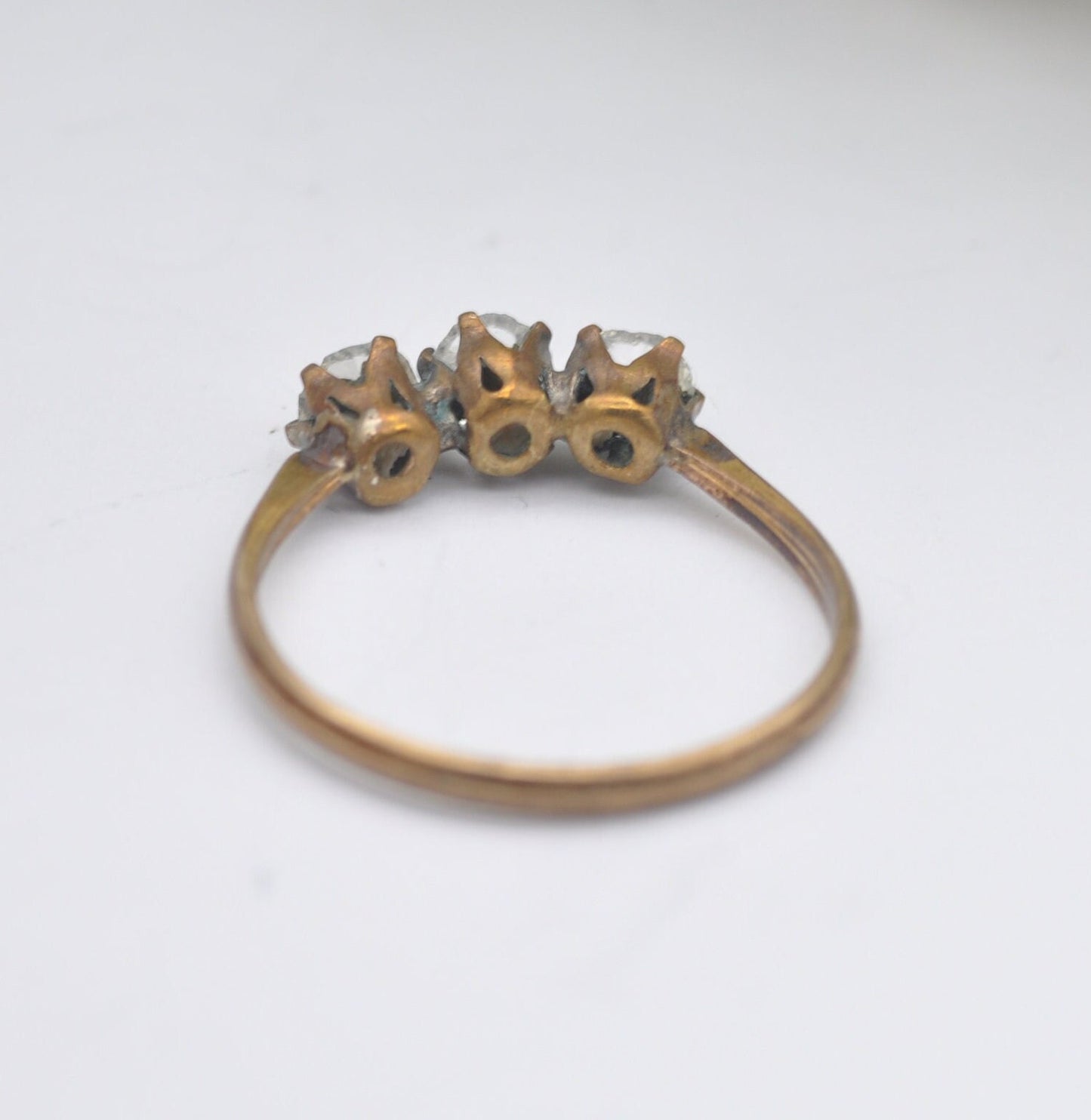 Antique Rolled Gold Three Stone Ring with Sparkly Clear Paste - Late Victorian | UK Size - P | US Size - 7 3/4