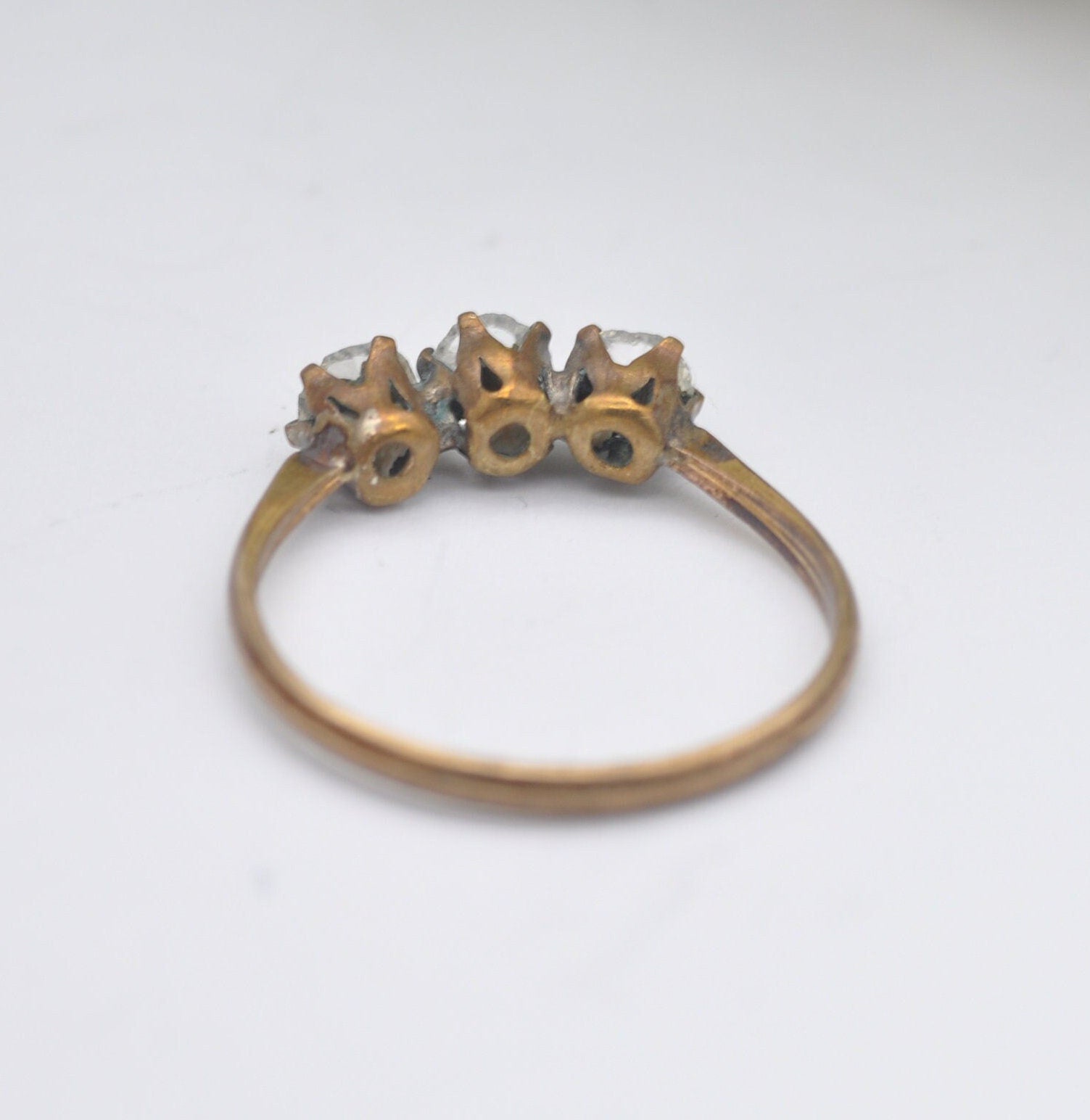 Antique Rolled Gold Three Stone Ring with Sparkly Clear Paste - Late Victorian | UK Size - P | US Size - 7 3/4