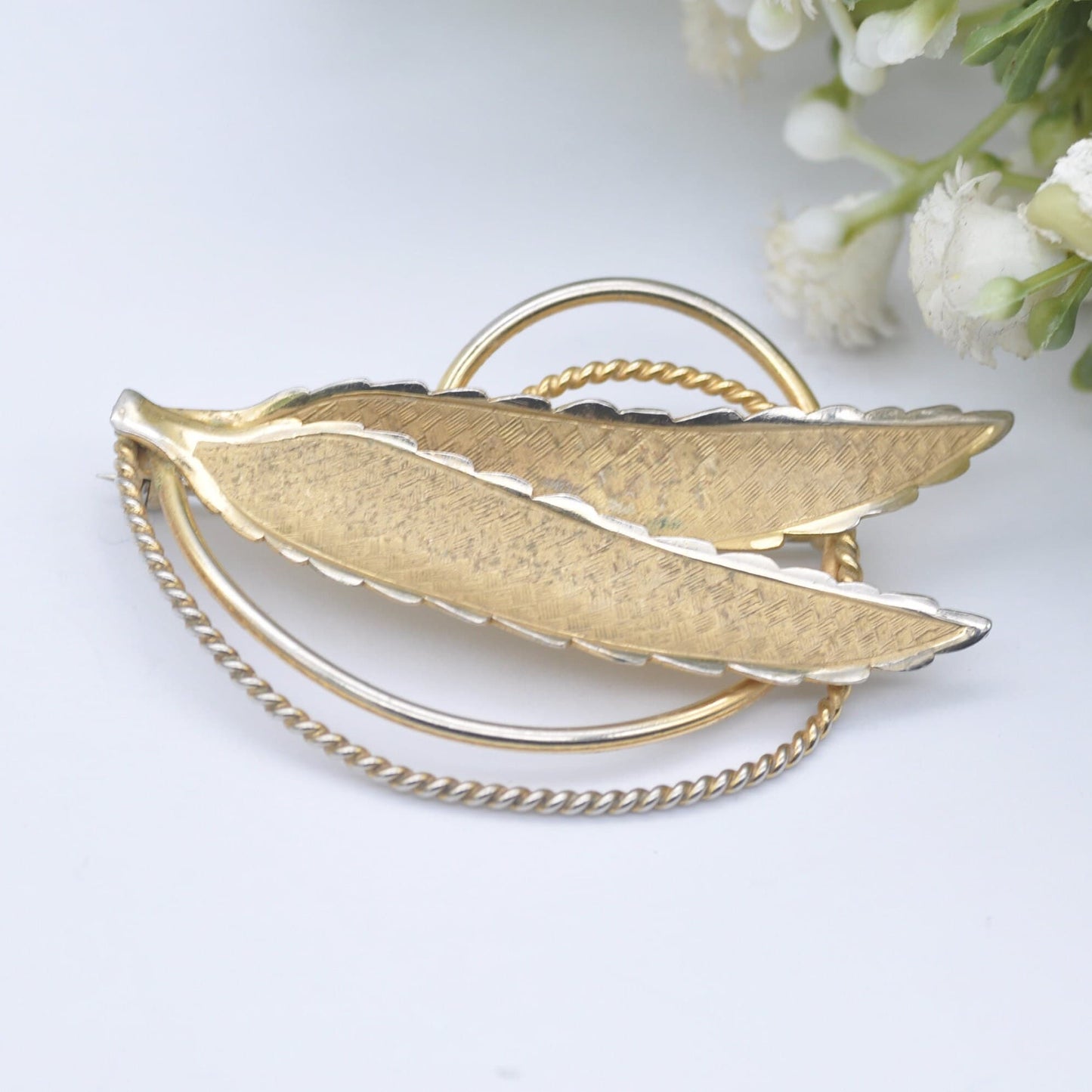 Vintage Rolled Gold Leaf Brooch by Ecco - Two Leaves | Mid-Century Textured Pin