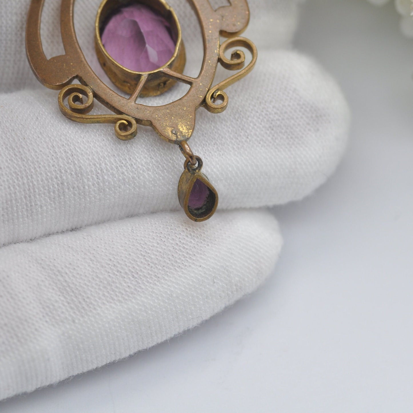 Antique Rolled Gold Purple Paste Pendant - Ornate Edwardian Lavalier with Small Drop