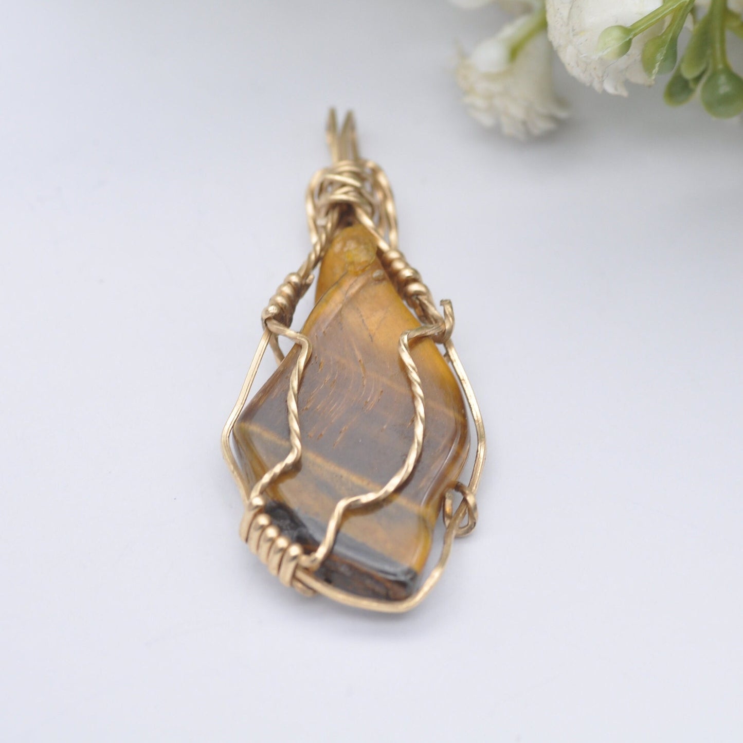 Vintage Tiger's Eye Gemstone in Rolled Gold Wirework Pendant