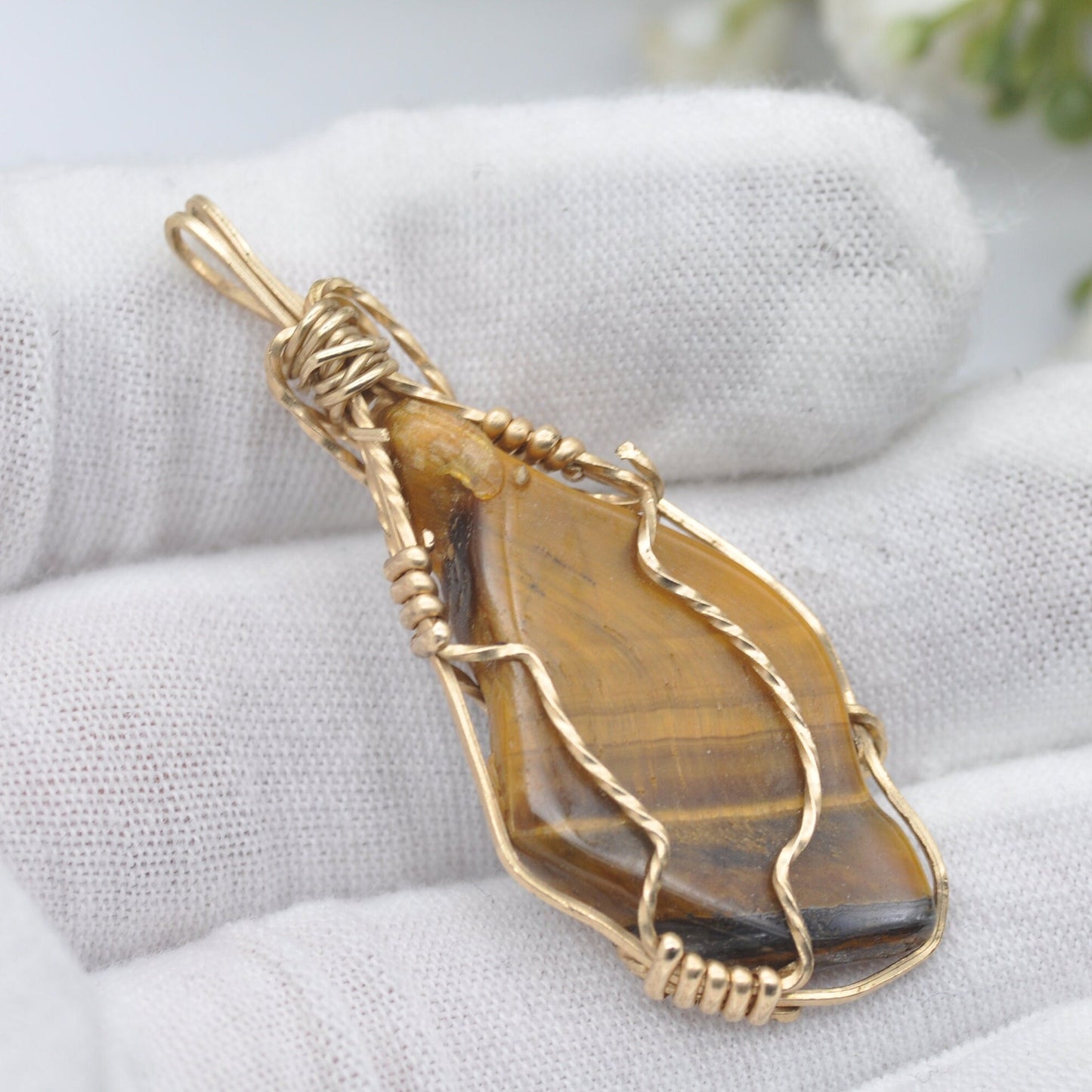 Vintage Tiger's Eye Gemstone in Rolled Gold Wirework Pendant