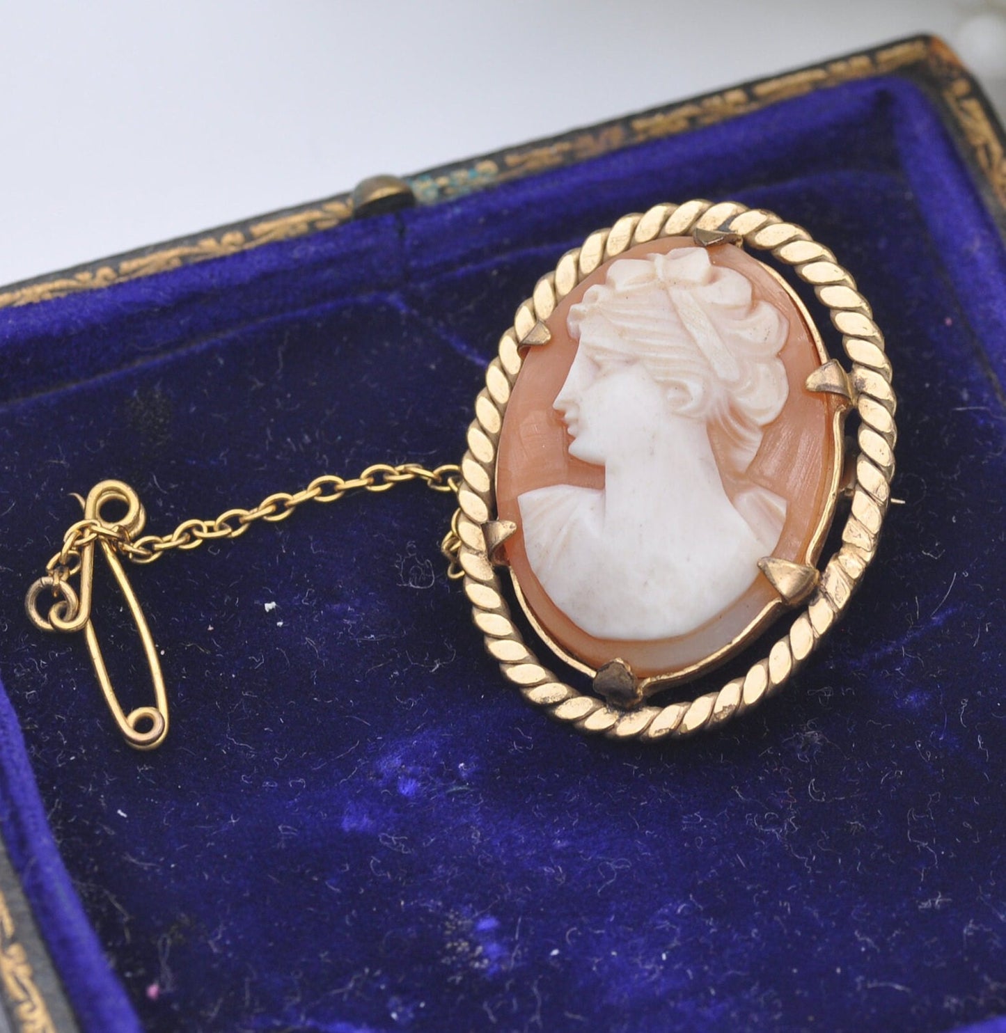 Vintage Rolled Gold Shell Cameo Brooch with Safety Chain - Classical Roman Profile Face | Hand Carved