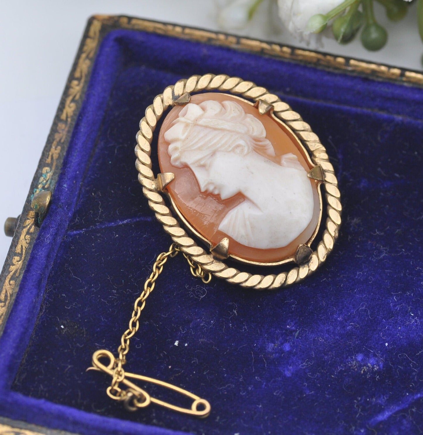 Vintage Rolled Gold Shell Cameo Brooch with Safety Chain - Classical Roman Profile Face | Hand Carved