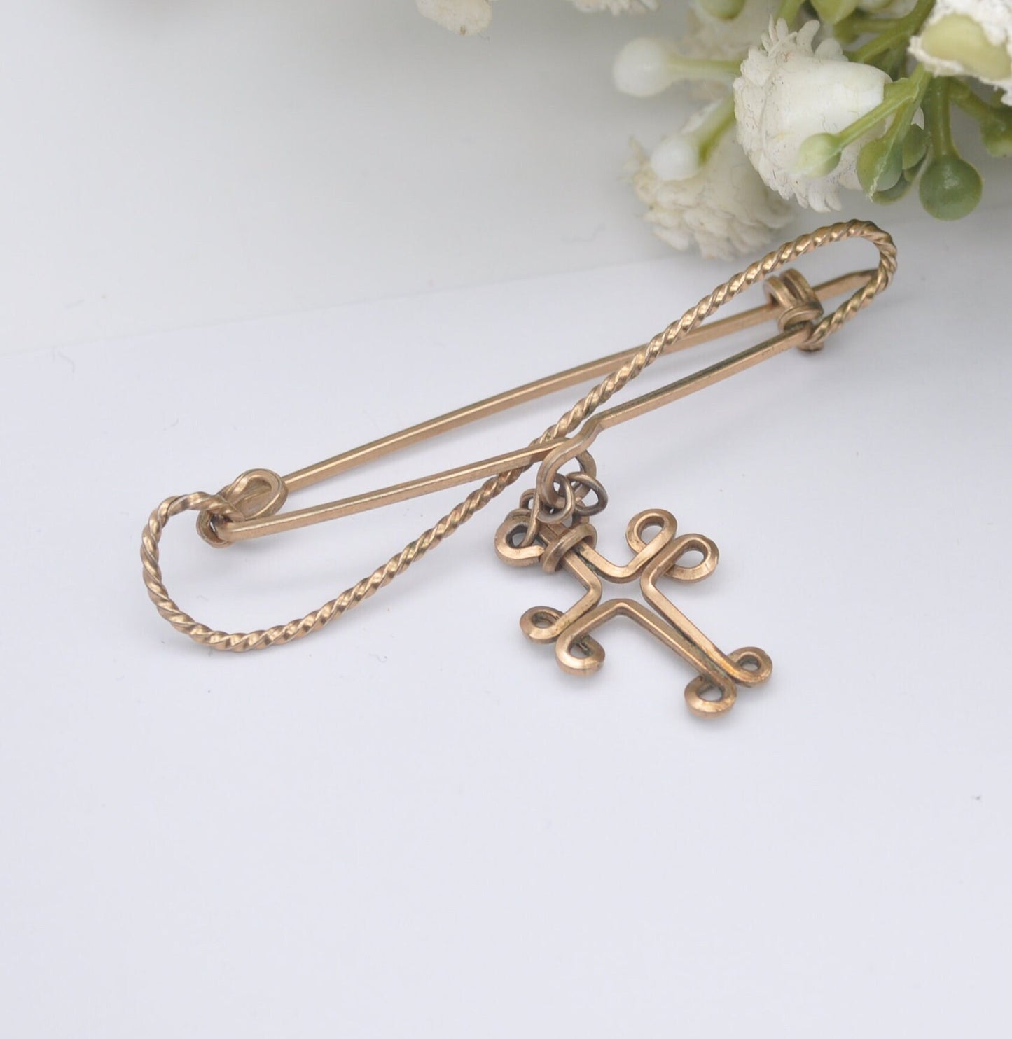 Vintage Rolled Gold Wirework Brooch with Hanging Drop Cross Pendant