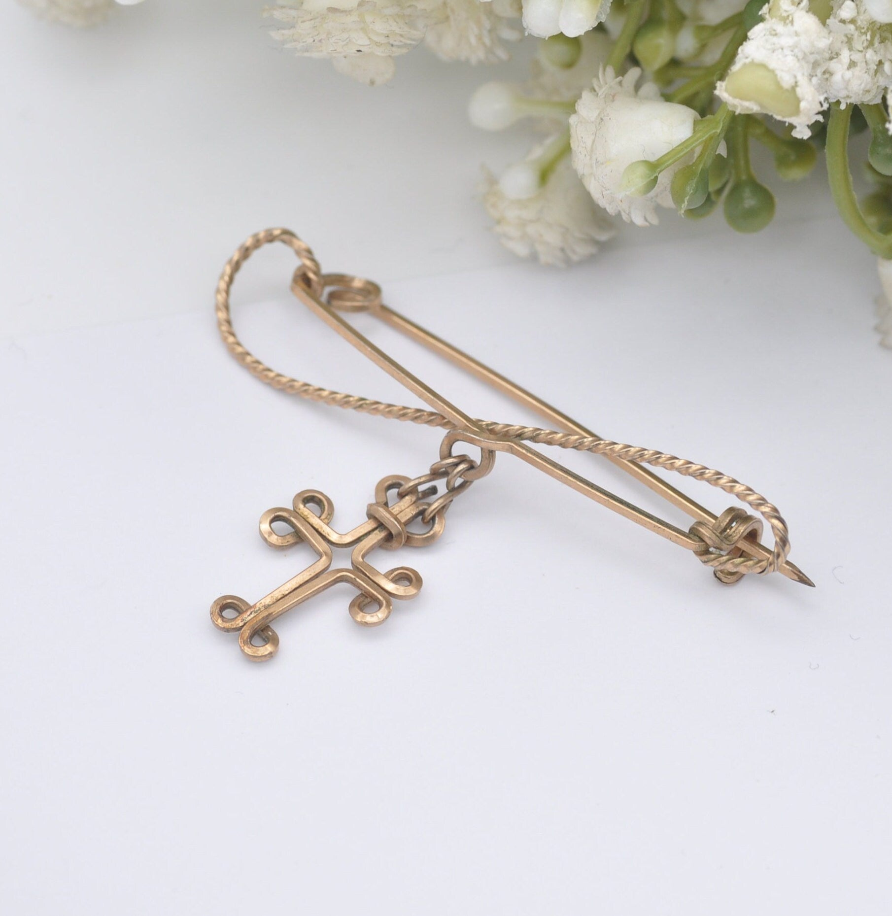 Vintage Rolled Gold Wirework Brooch with Hanging Drop Cross Pendant