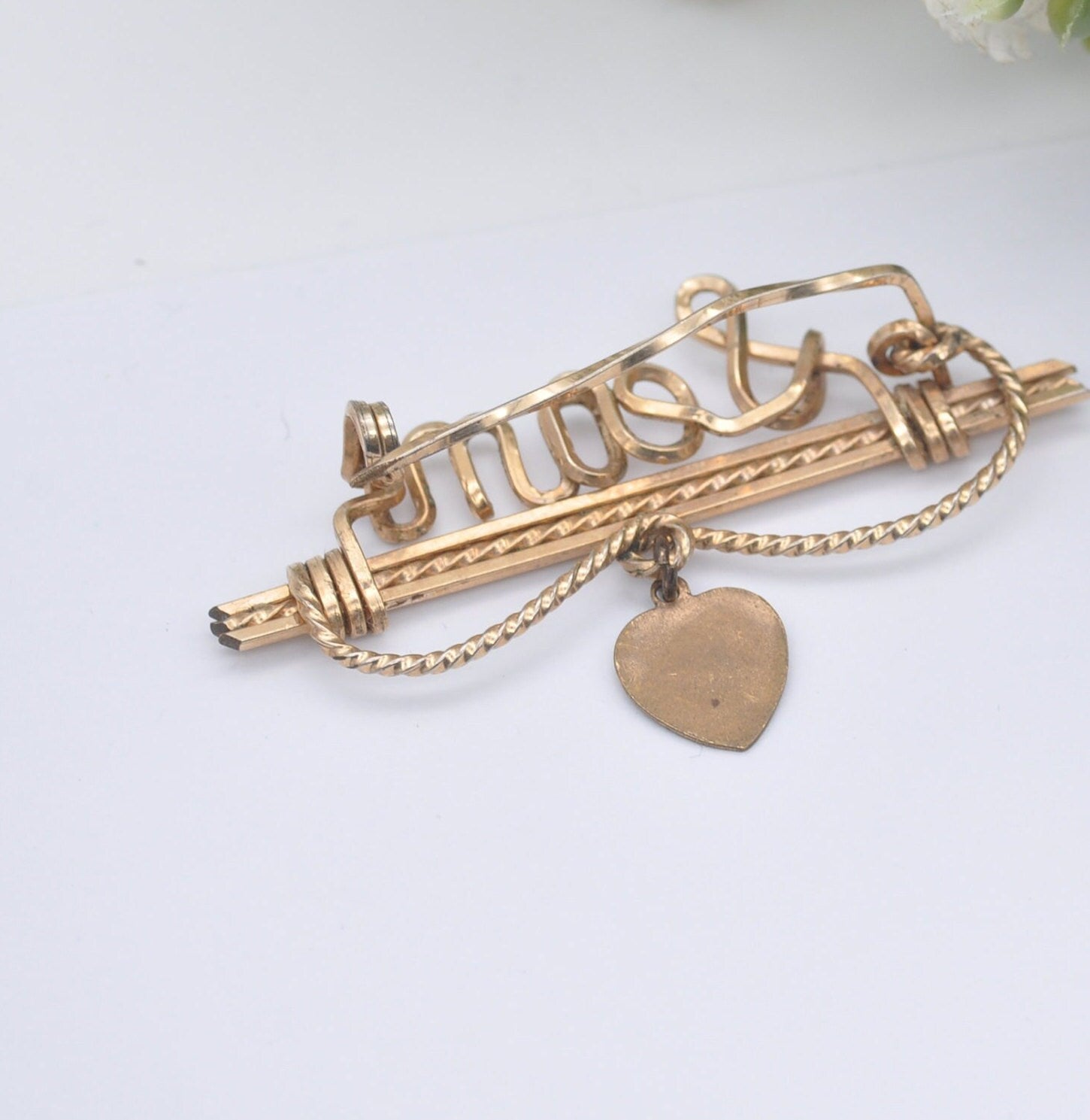 Vintage Rolled Gold Wirework Name Brooch with Miniature Lord's Prayer Heart Pendant Drop - Wire Name Sean | Our Father Religious