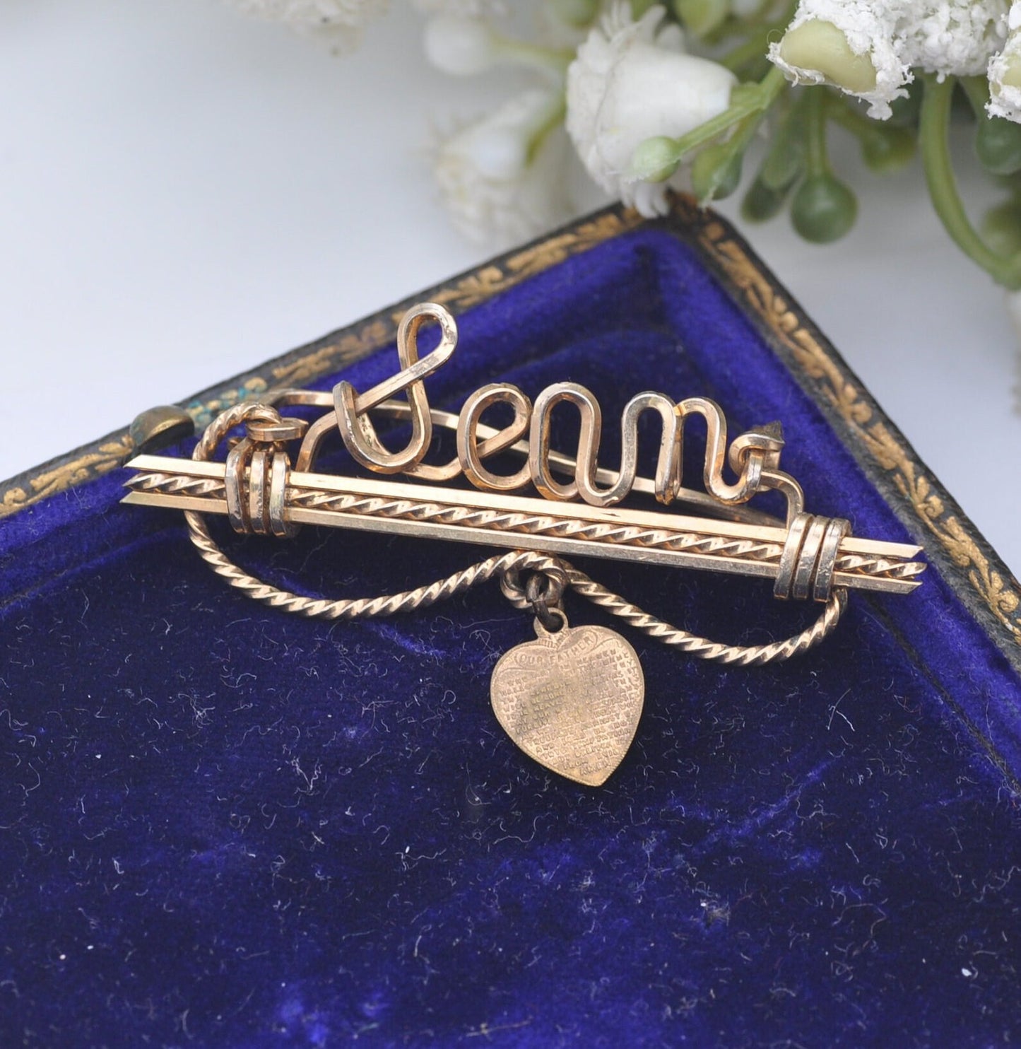 Vintage Rolled Gold Wirework Name Brooch with Miniature Lord's Prayer Heart Pendant Drop - Wire Name Sean | Our Father Religious