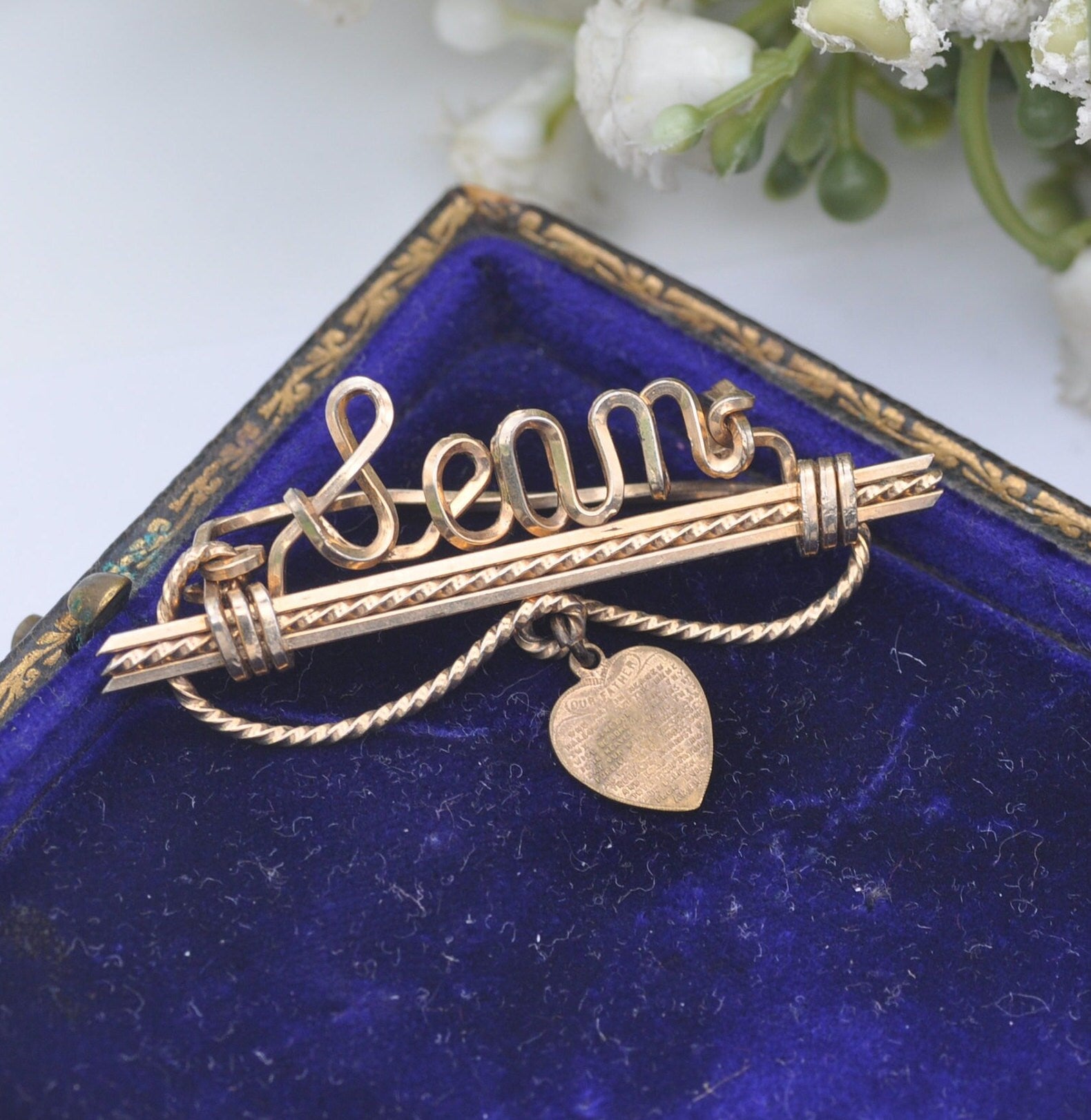 Vintage Rolled Gold Wirework Name Brooch with Miniature Lord's Prayer Heart Pendant Drop - Wire Name Sean | Our Father Religious