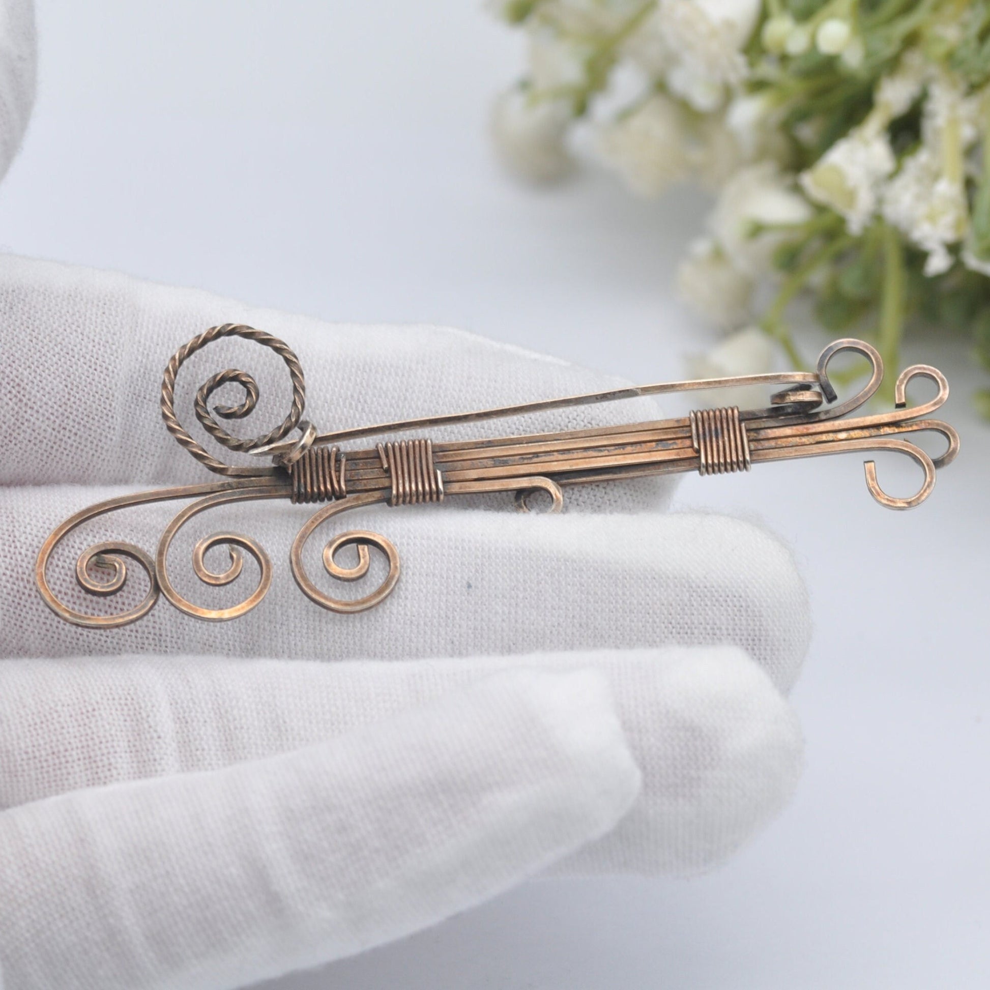 Antique Rolled Gold Bar Brooch - Large Statement Pin | Scrolling Design Wirework