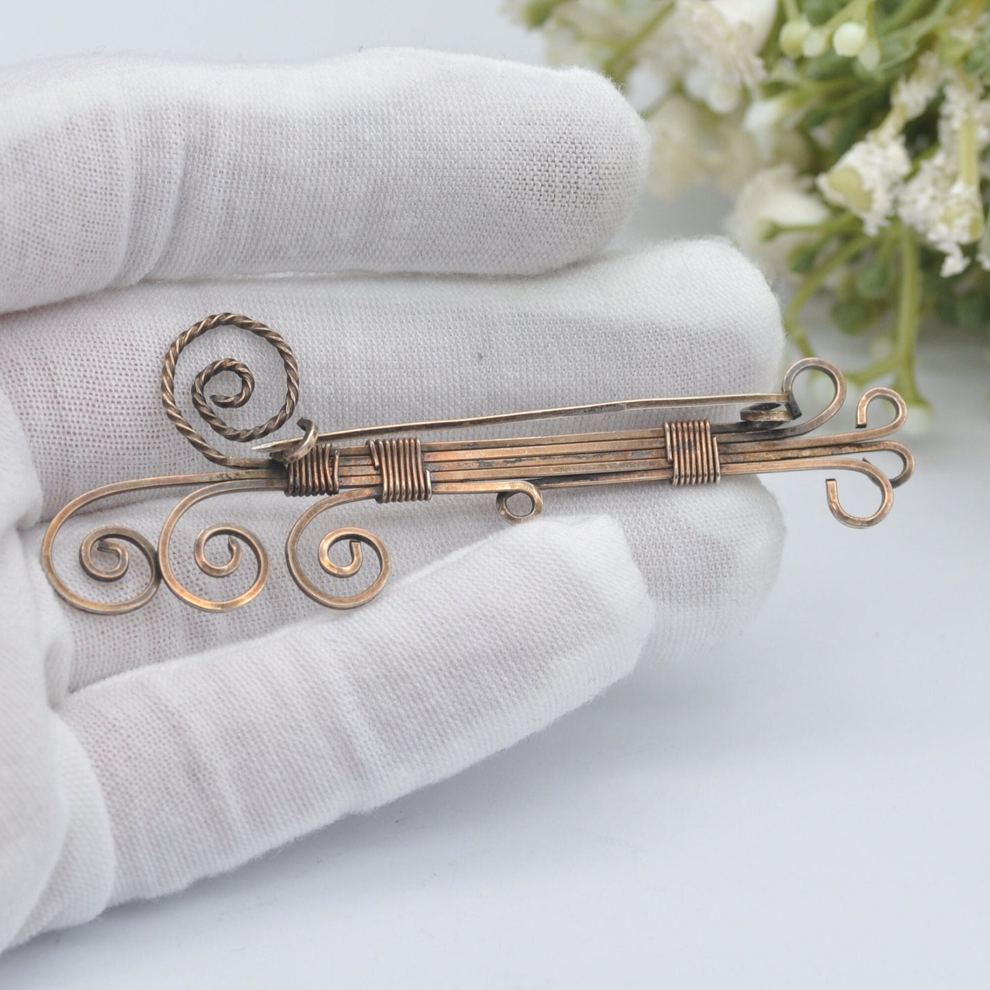 Antique Rolled Gold Bar Brooch - Large Statement Pin | Scrolling Design Wirework