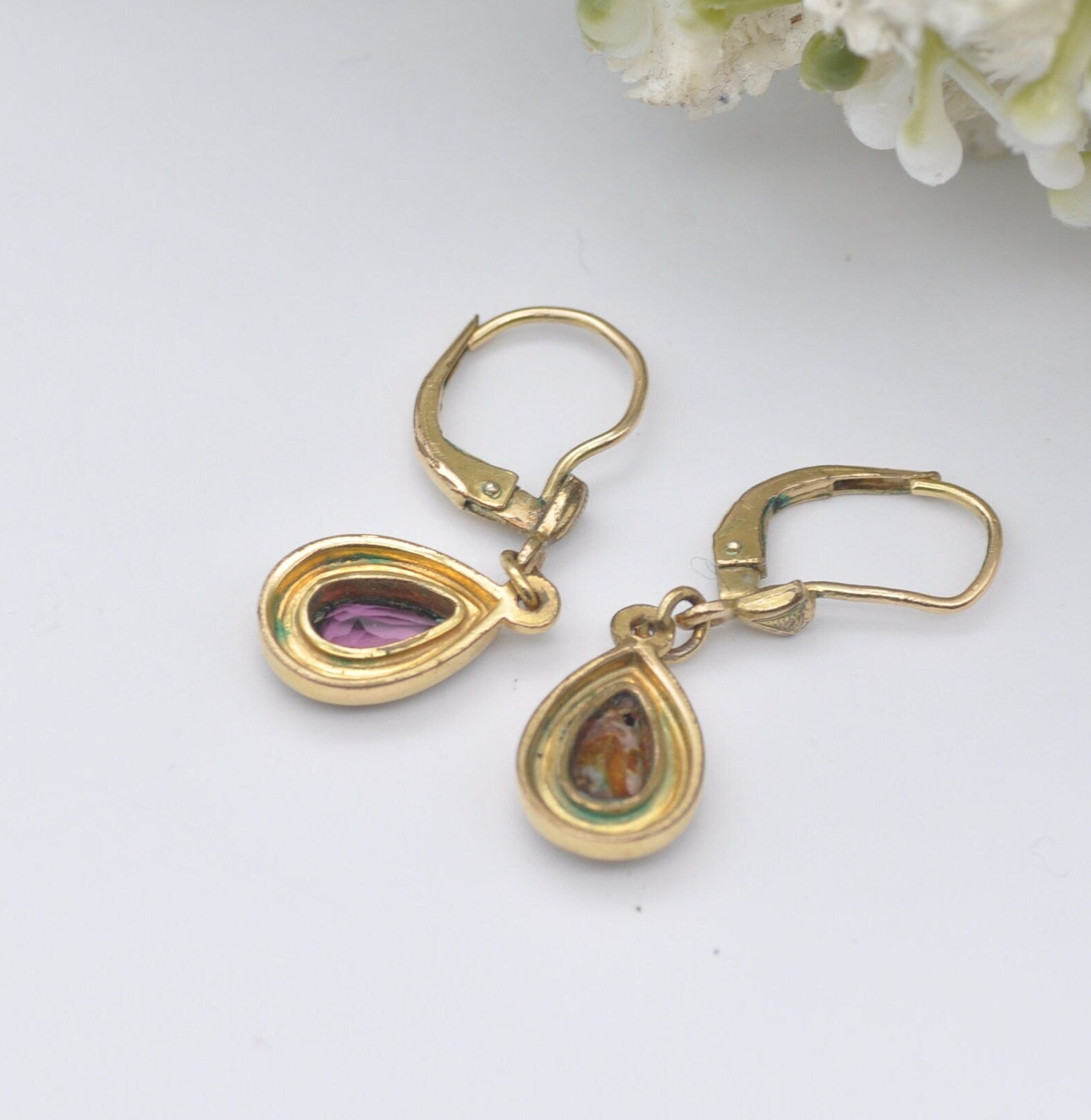 Vintage Rolled Gold Purple Paste Drop Earrings - Mid-Century Costume Jewellery | Gold Tone