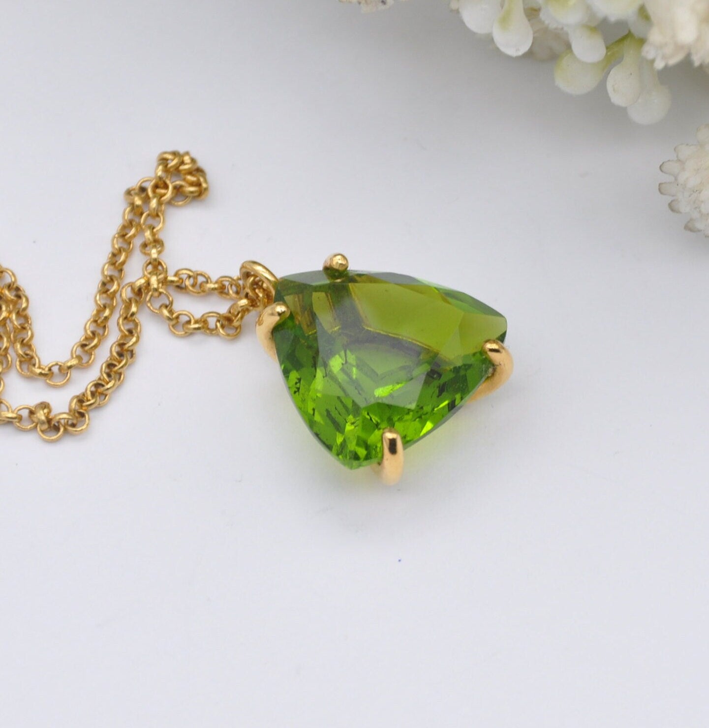 Vintage Gold Filled Green Glass Stone Pendant Necklace on Original Chain - Quality Mid-Century Costume Jewellery