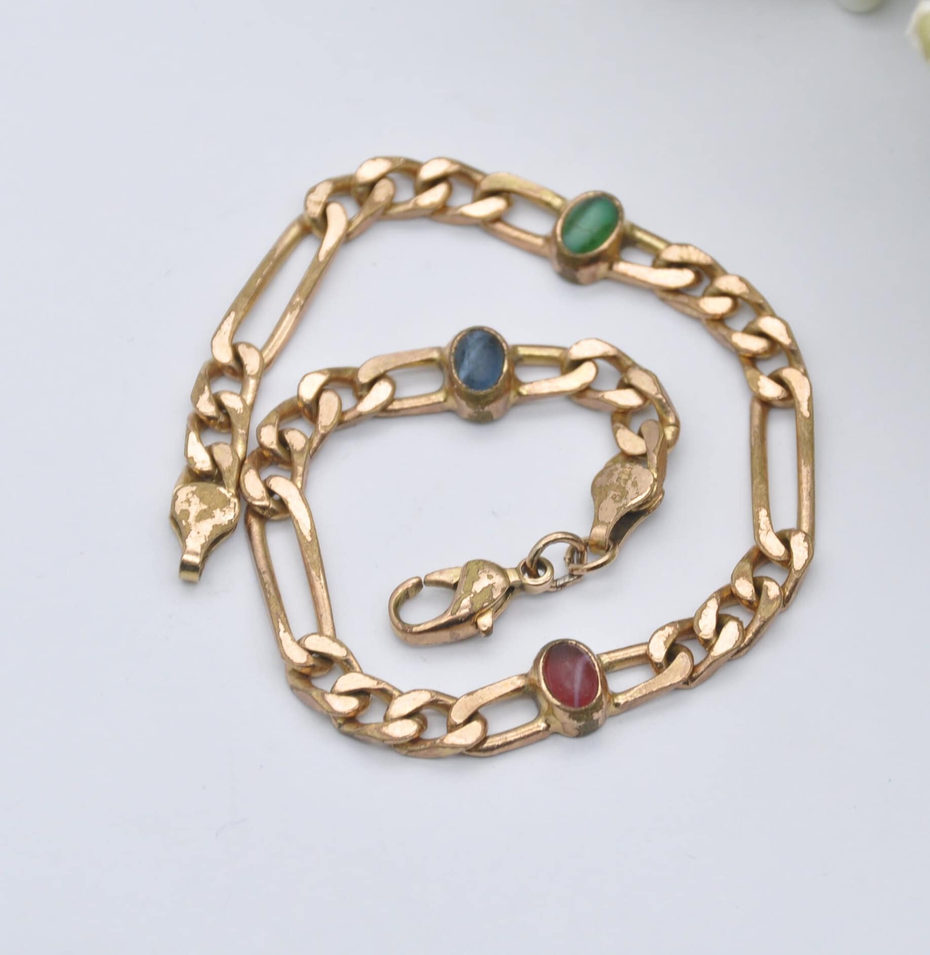 Vintage Rolled Gold Curb Link Bracelet with Multi-Coloured Glass Stones - Blue Green Red | Unusual Chunky Design
