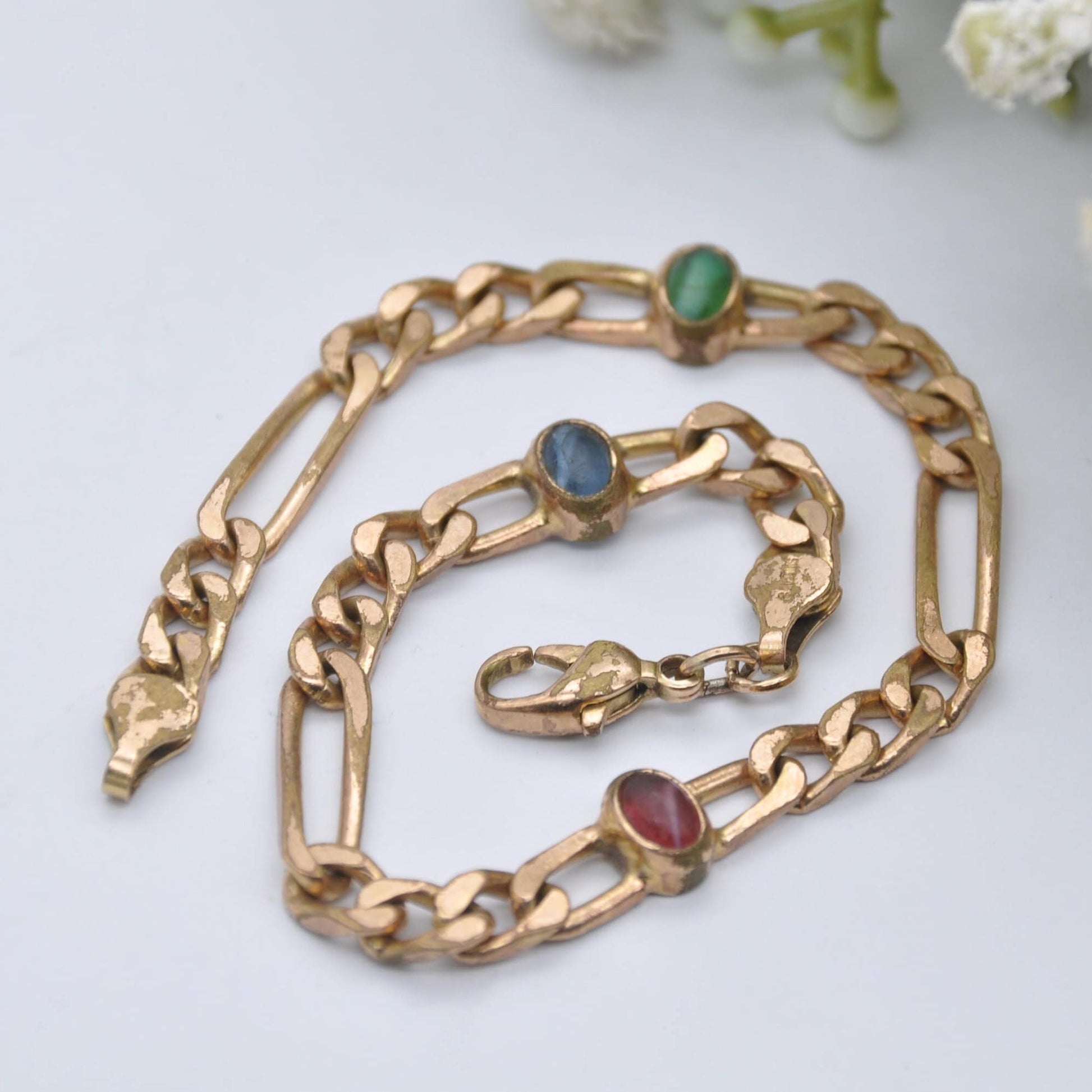 Vintage Rolled Gold Curb Link Bracelet with Multi-Coloured Glass Stones - Blue Green Red | Unusual Chunky Design
