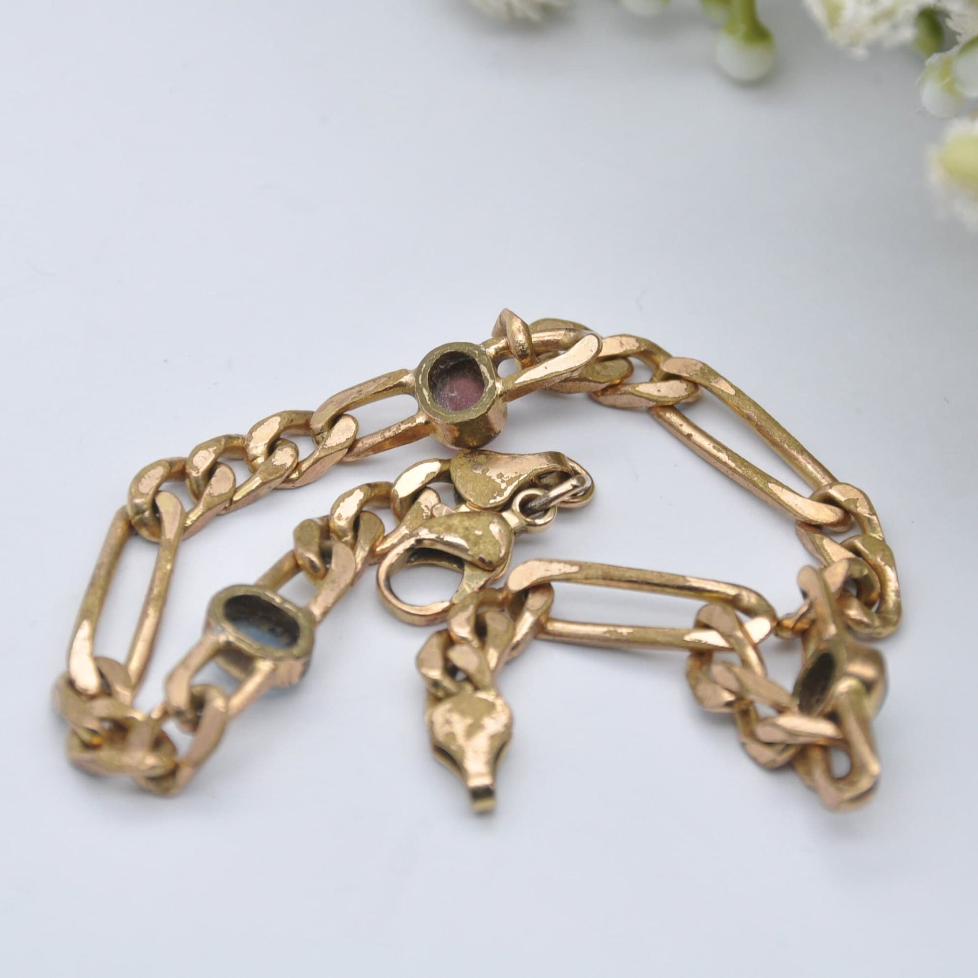 Vintage Rolled Gold Curb Link Bracelet with Multi-Coloured Glass Stones - Blue Green Red | Unusual Chunky Design