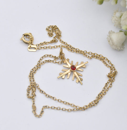 Vintage Rolled Gold Snowflake Red Paste Pendant Necklace on AM Double Chain - Delicate Mid-Century Costume Jewellery