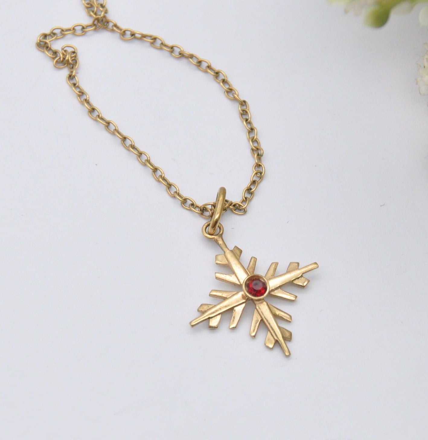 Vintage Rolled Gold Snowflake Red Paste Pendant Necklace on AM Double Chain - Delicate Mid-Century Costume Jewellery