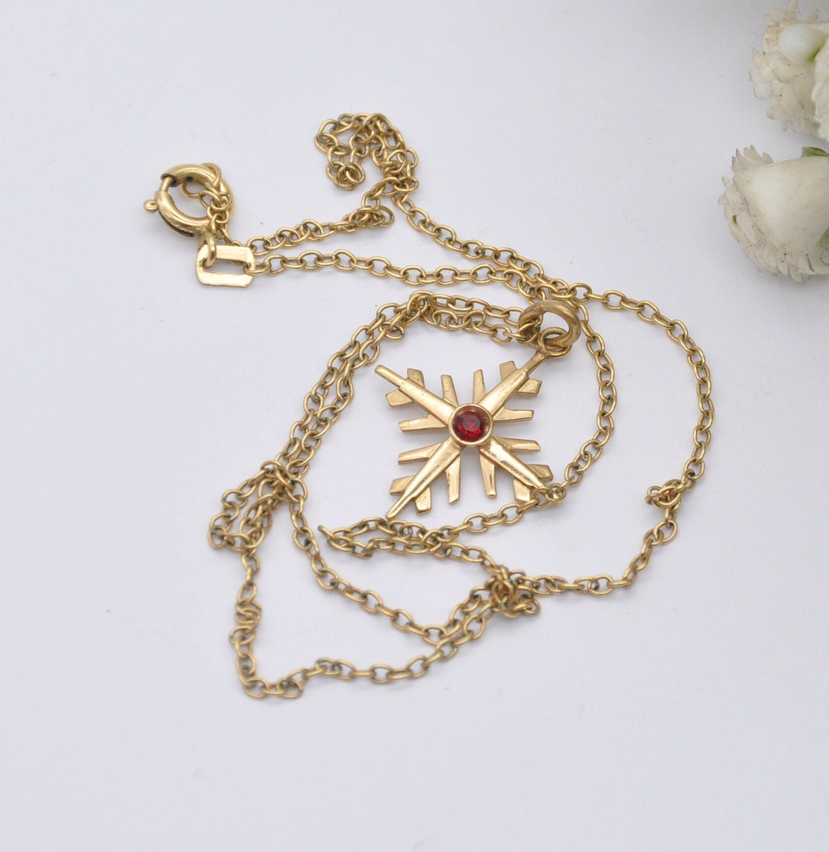 Vintage Rolled Gold Snowflake Red Paste Pendant Necklace on AM Double Chain - Delicate Mid-Century Costume Jewellery