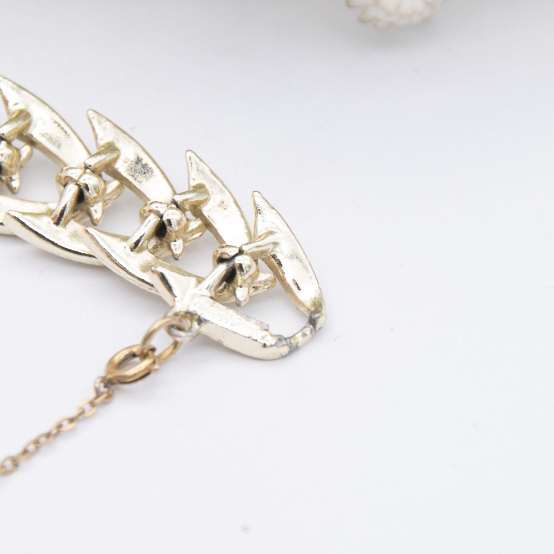 Vintage Jewelcraft Bracelet with Safety Chain - Abstract White Enamel and Gold Tone | Mid-Century Branded Jewellery