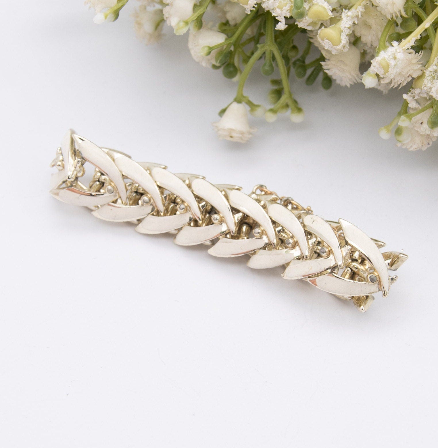 Vintage Jewelcraft Bracelet with Safety Chain - Abstract White Enamel and Gold Tone | Mid-Century Branded Jewellery