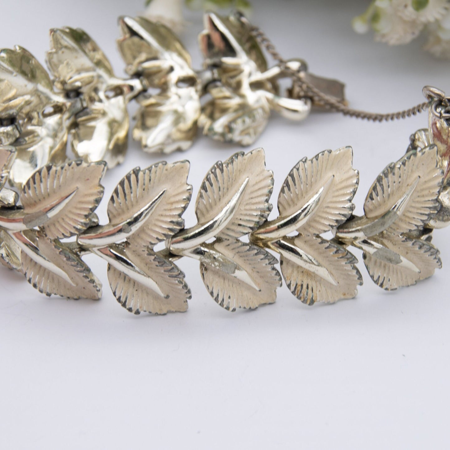 Vintage Jewelcraft Bracelet - Chunky White Leaves | Enamel and Gold Tone | Mid-Century Branded Jewellery